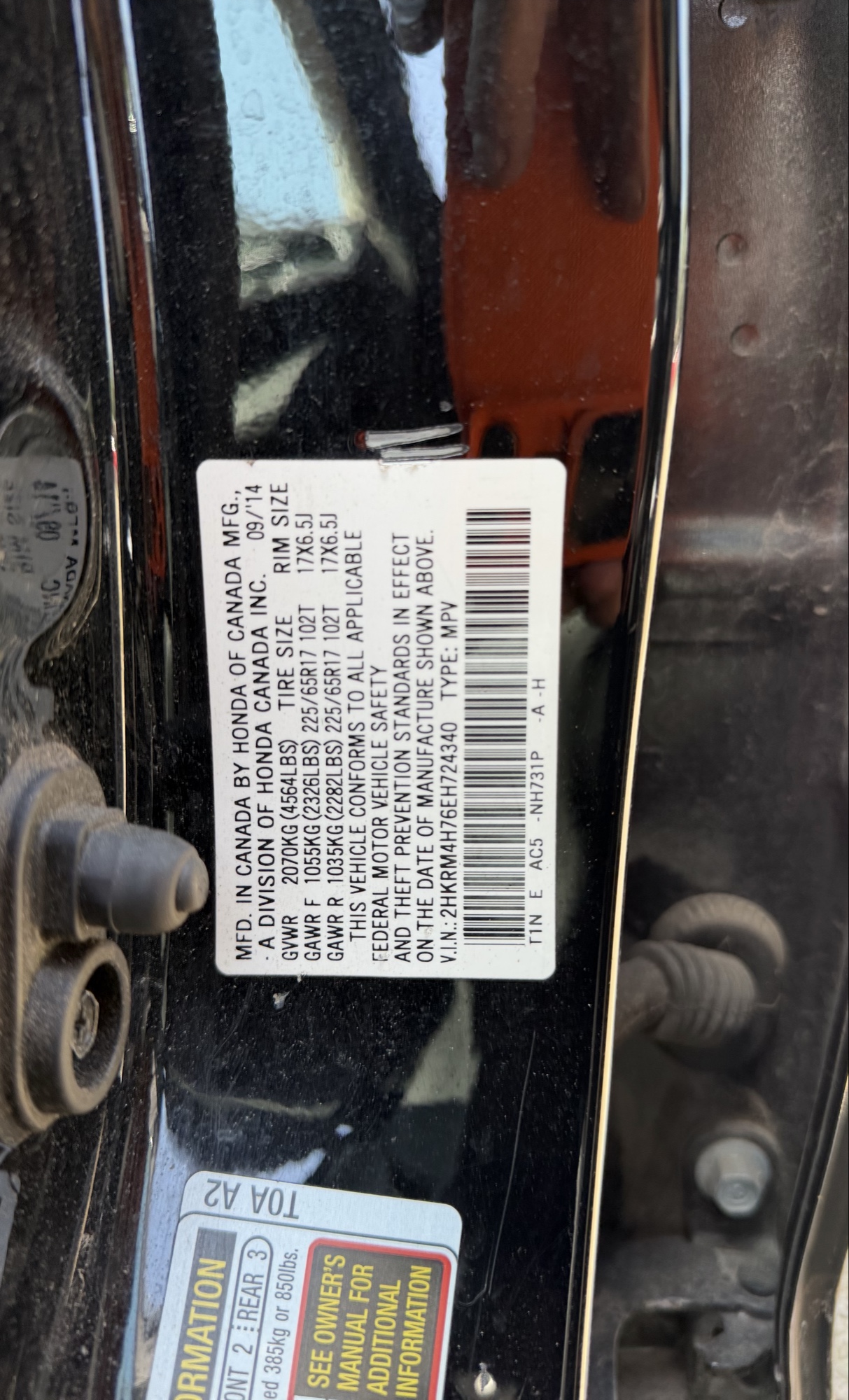 2014 honda cr-v ex-l-4wd-5-speed-at with 143236 miles for sale near elk-river, minnesota 104624_47_door_vin_sticker.jpg