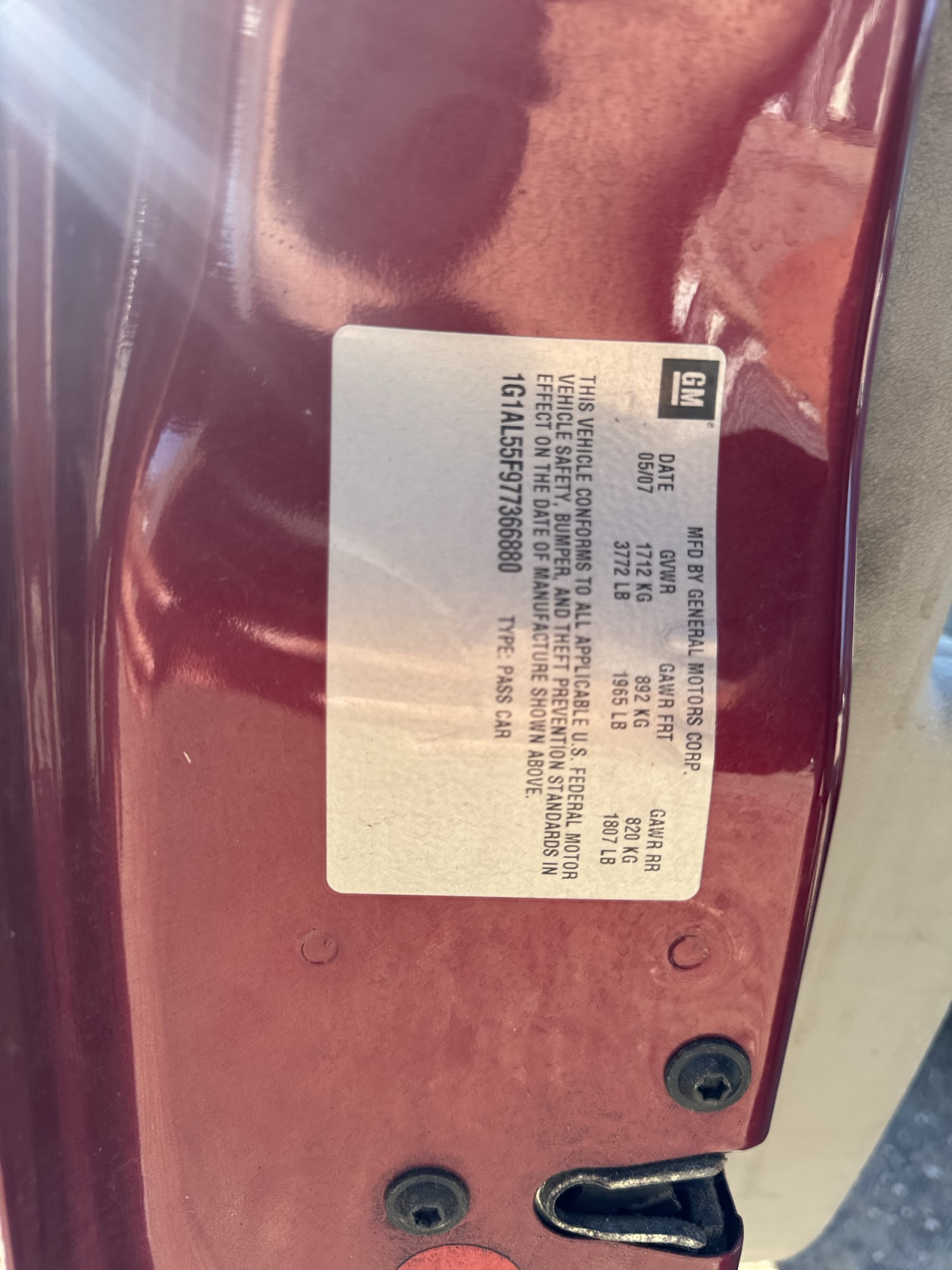 2007 chevrolet cobalt lt3-sedan with 163862 miles for sale near Elk River, Minnesota 105660_47_door_vin_sticker.jpg
