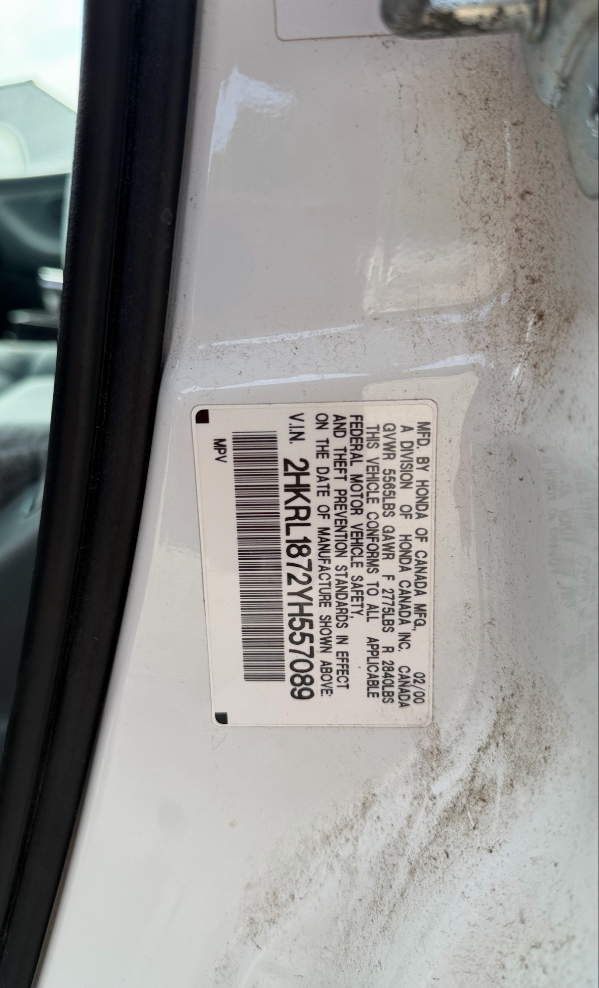 2000 honda odyssey ex with 217087 miles for sale near elk-river, minnesota 106108_47_door_vin_sticker.jpg