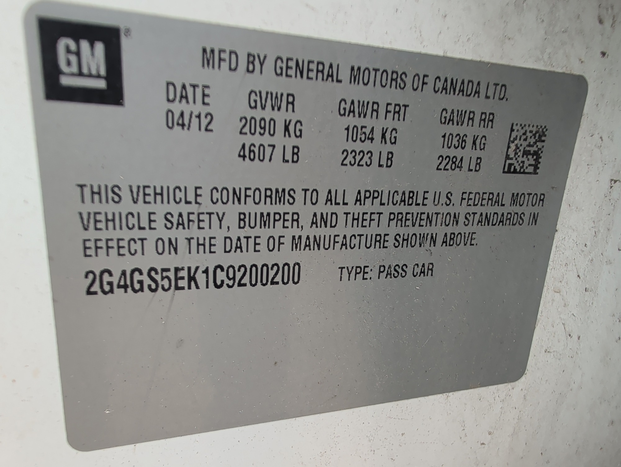 2012 buick regal premium-1 with 301345 miles for sale near elk-river, minnesota 106168_47_door_vin_sticker.jpg