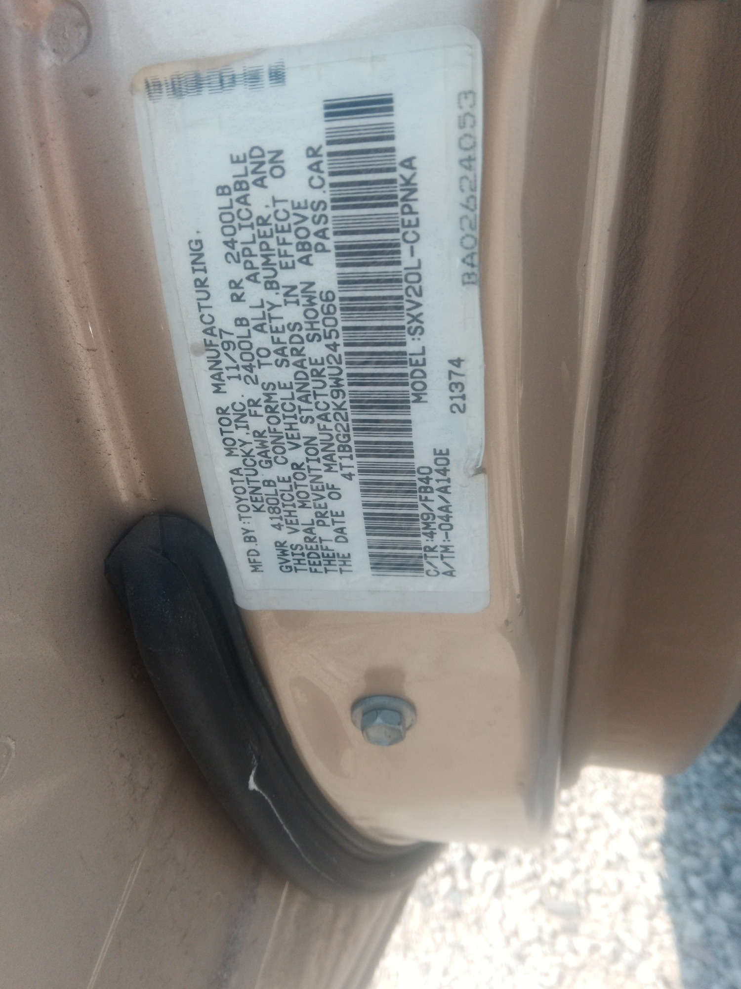 1998 toyota camry ce with 167444 miles for sale near elk-river, minnesota 106270_47_door_vin_sticker.jpg