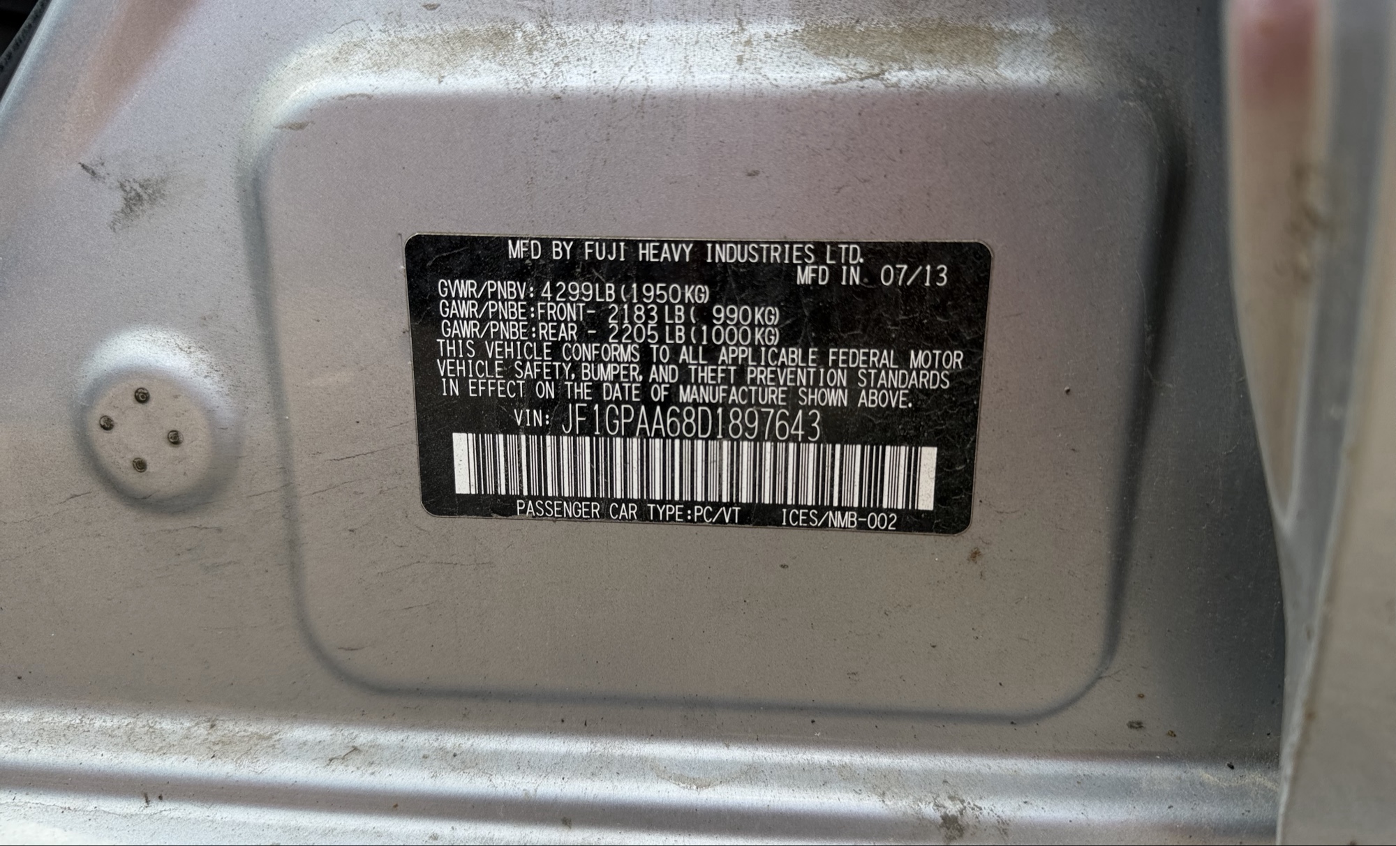 2013 subaru impreza base-5-door with 166153 miles for sale near elk-river, minnesota 106296_47_door_vin_sticker.jpg