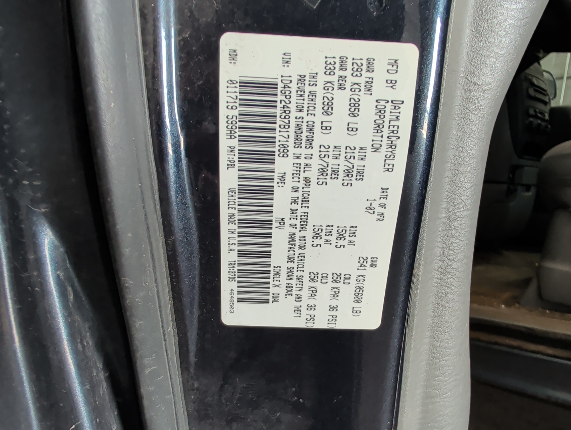 2007 dodge grand-caravan se with 257664 miles for sale near elk-river, minnesota 106297_47_door_vin_sticker.jpg
