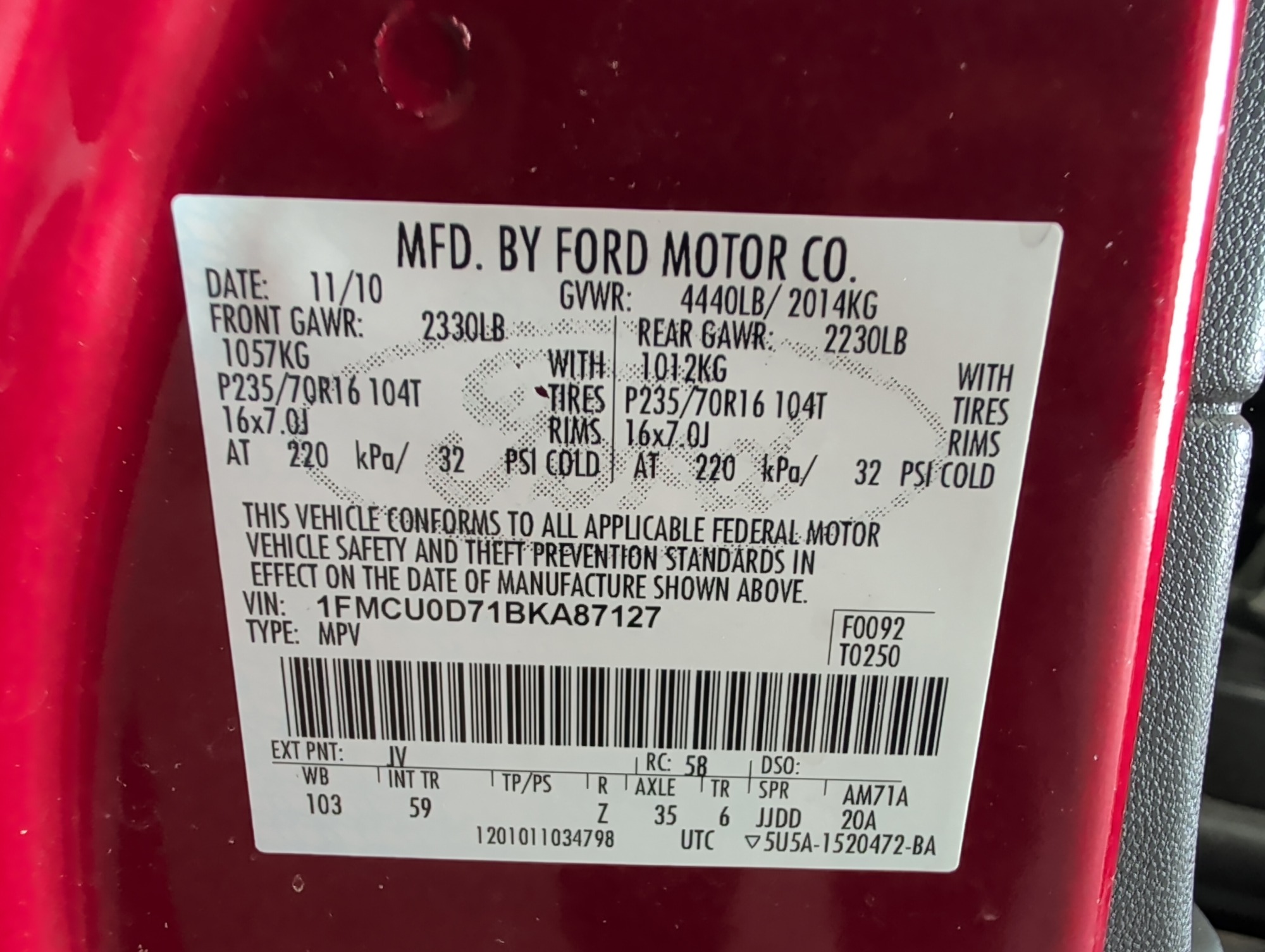 2011 ford escape xlt-fwd with 245967 miles for sale near elk-river, minnesota 106304_47_door_vin_sticker.jpg