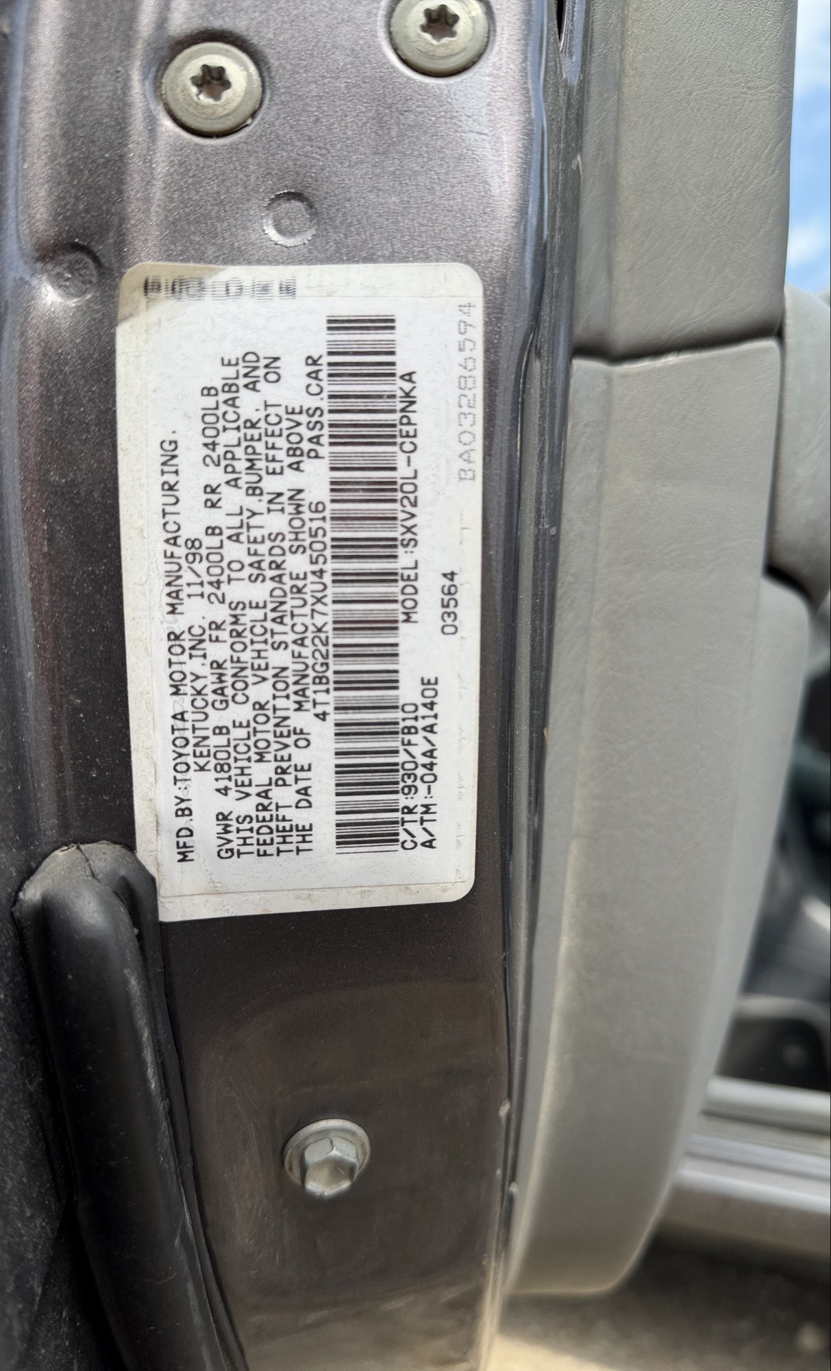 1999 toyota camry ce with 87445 miles for sale near elk-river, minnesota 106311_47_door_vin_sticker.jpg