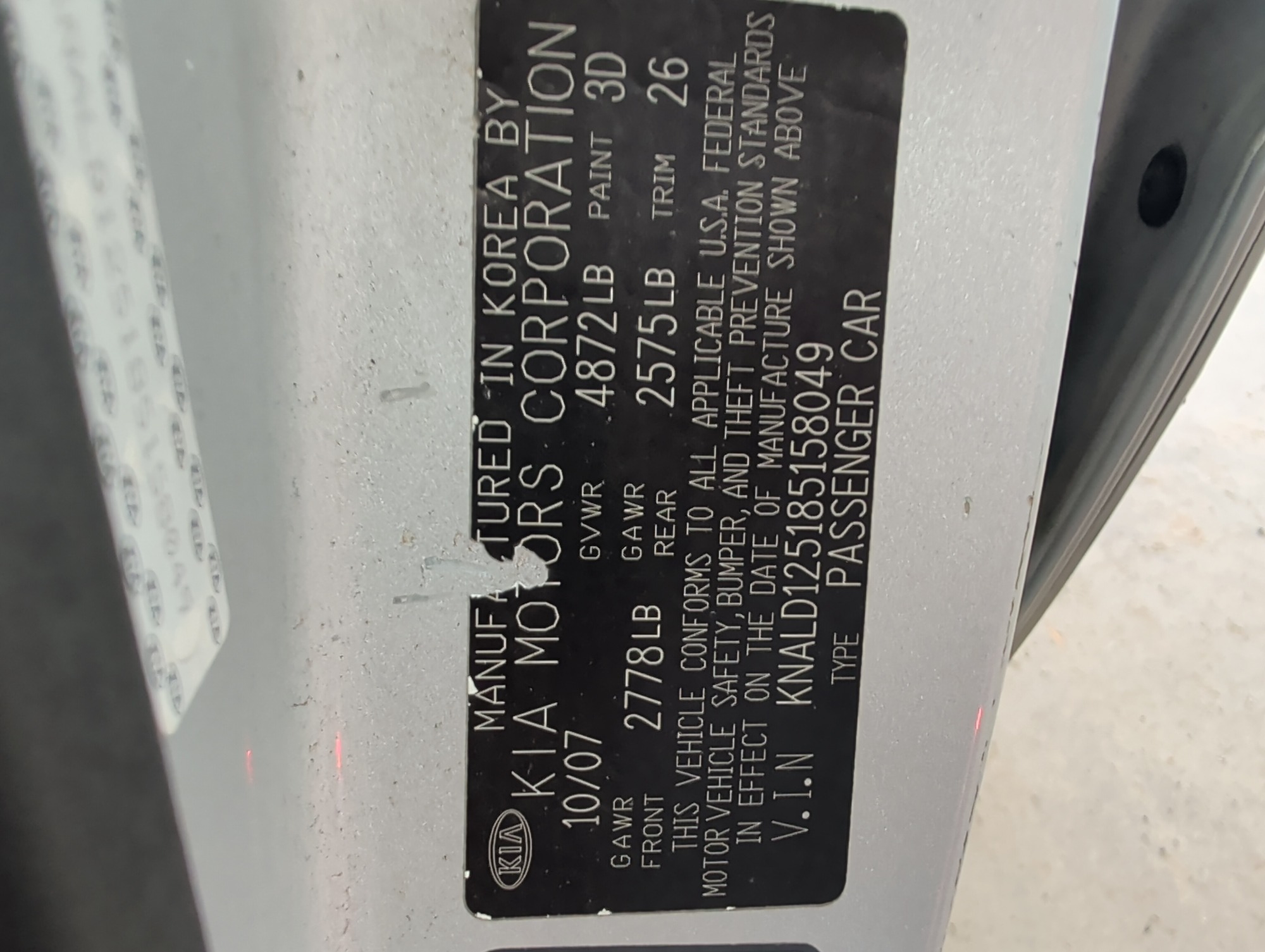 2008 kia amanti with 189860 miles for sale near elk-river, minnesota 106314_47_door_vin_sticker.jpg