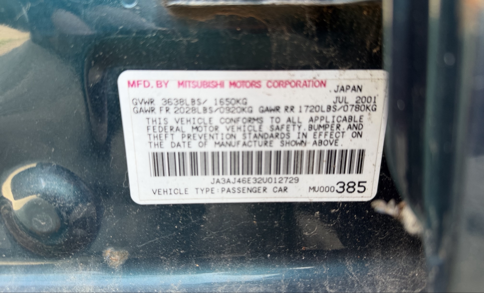 2002 mitsubishi lancer base with 166691 miles for sale near elk-river, minnesota 106319_47_door_vin_sticker.jpg