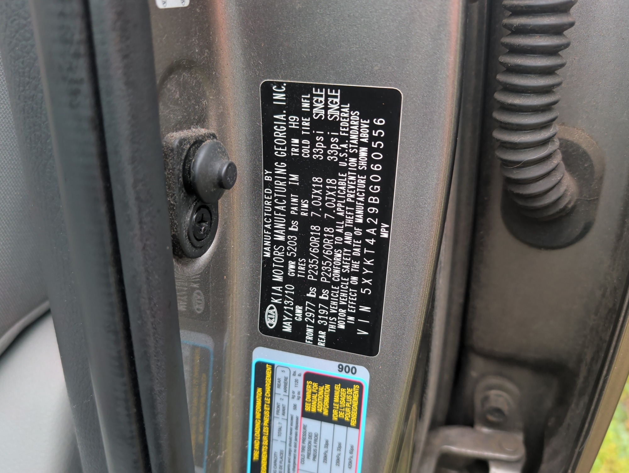 2011 kia sorento with 209211 miles for sale near elk-river, minnesota 106321_47_door_vin_sticker.jpg