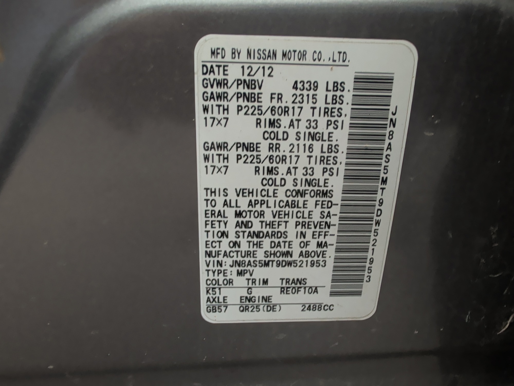 2013 nissan rogue s-2wd with 204423 miles for sale near elk-river, minnesota 106324_47_door_vin_sticker.jpg
