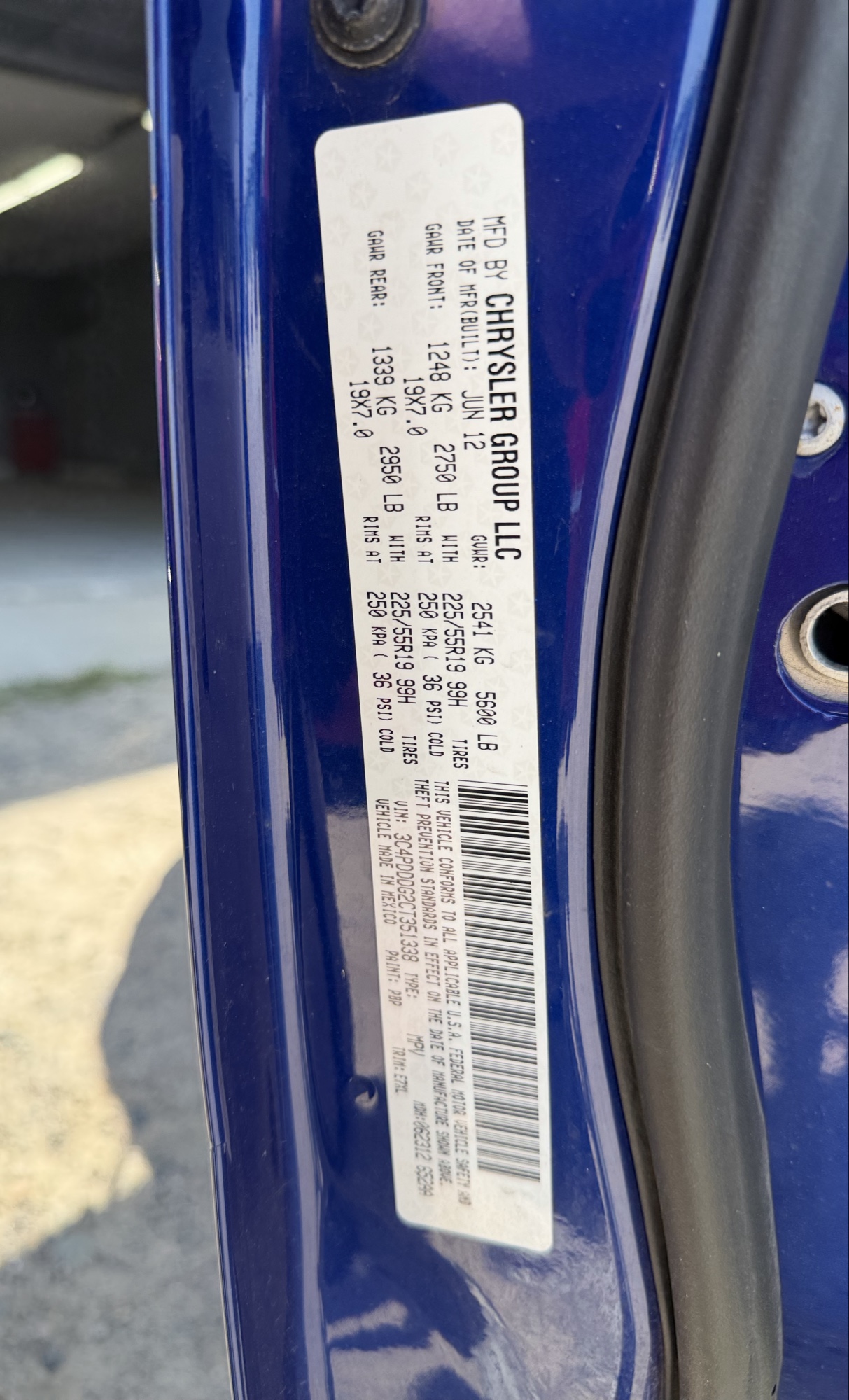2012 dodge journey crew-awd with 113797 miles for sale near elk-river, minnesota 106325_47_door_vin_sticker.jpg