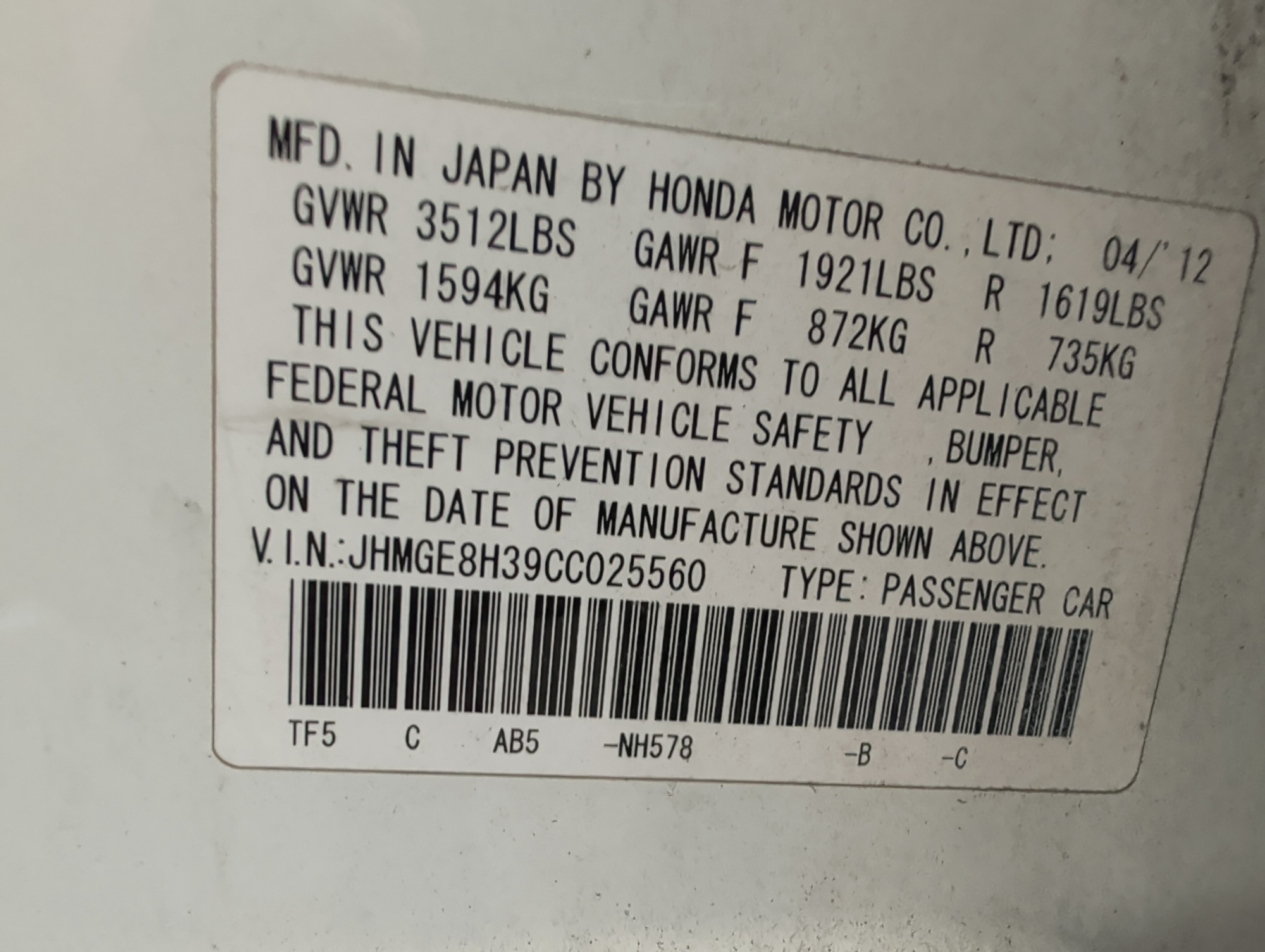 2012 honda fit 5-speed-at with 233788 miles for sale near elk-river, minnesota 106326_47_door_vin_sticker.jpg