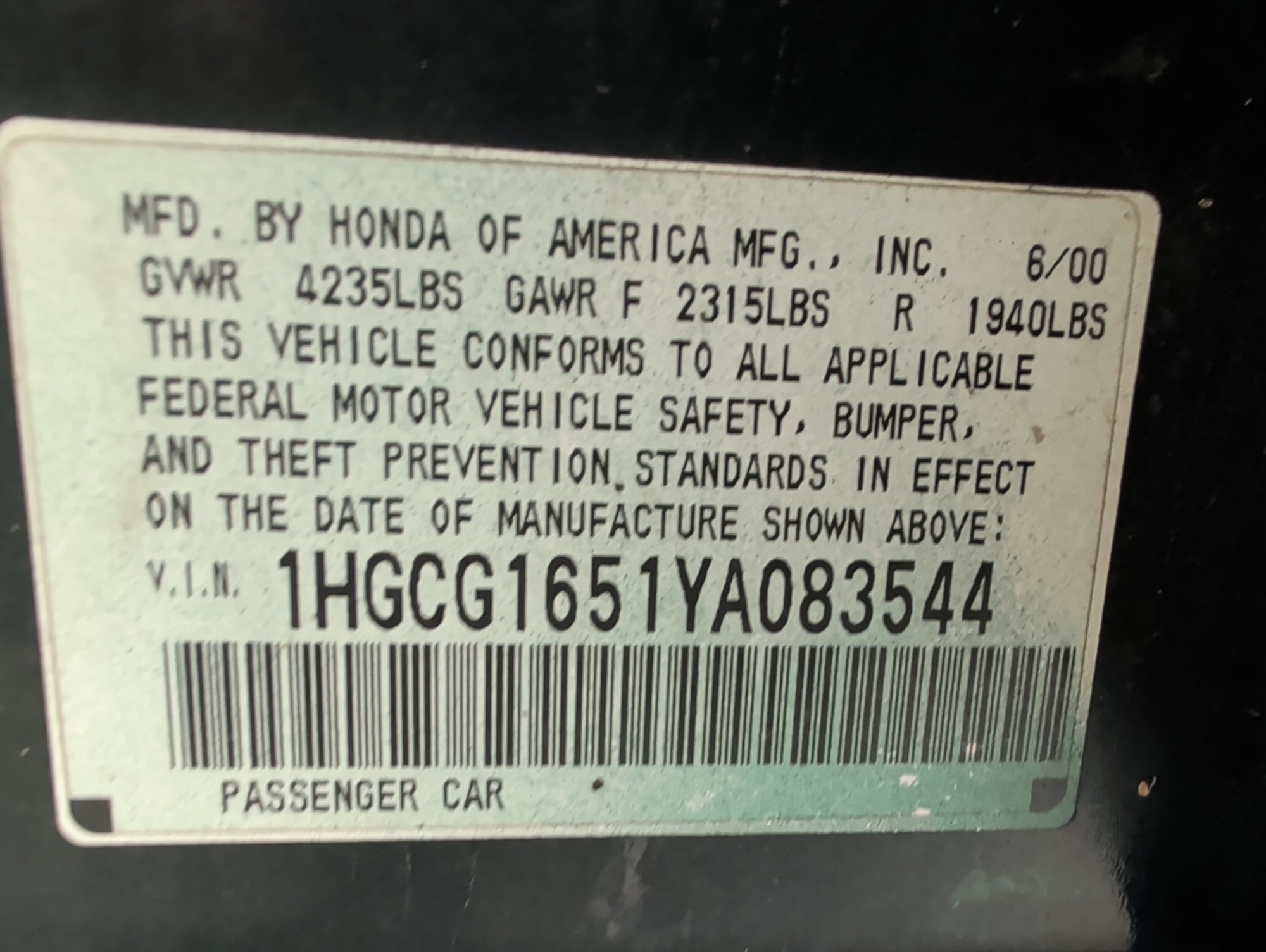 2000 honda accord with 196244 miles for sale near elk-river, minnesota 106329_47_door_vin_sticker.jpg