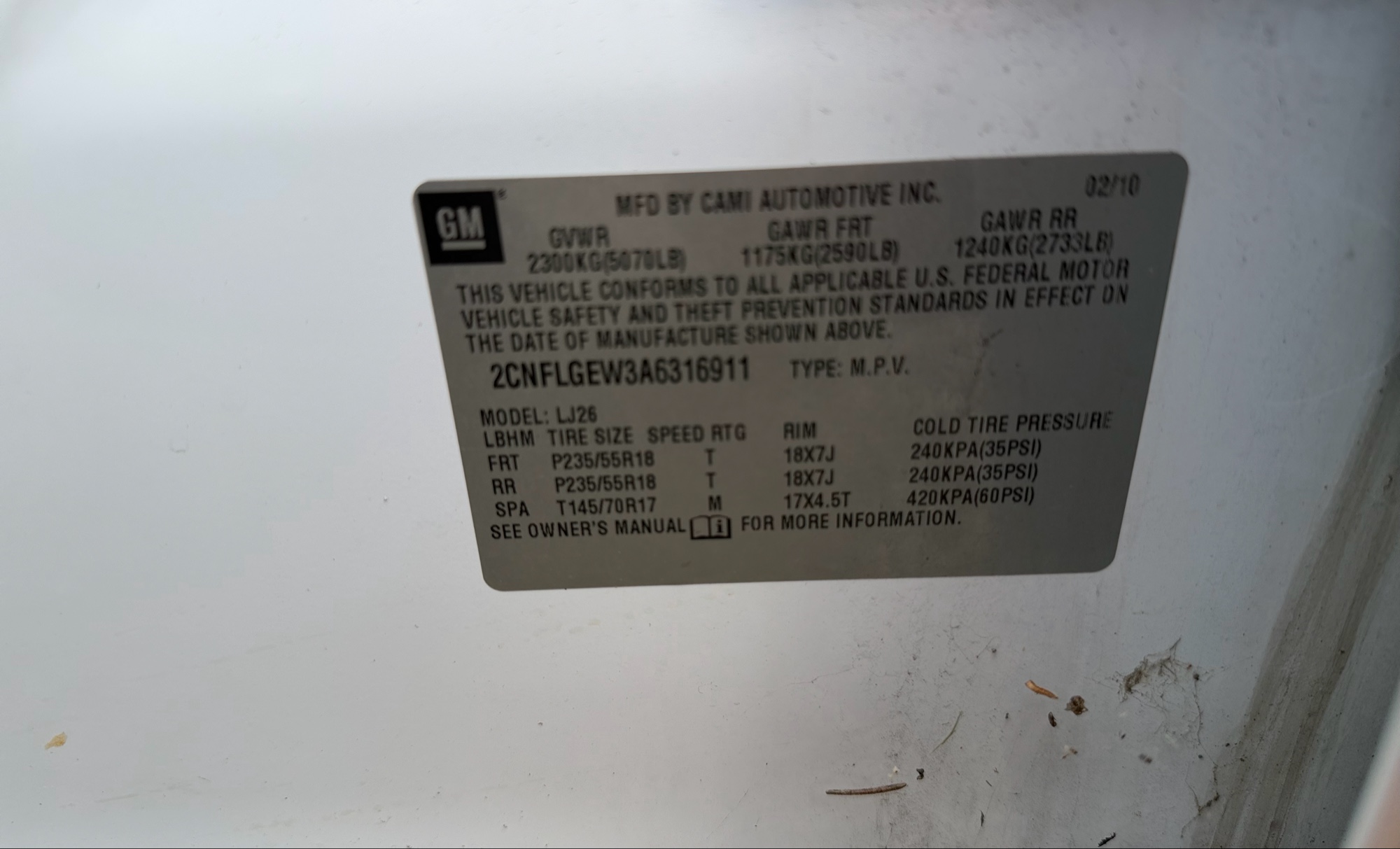 2010 chevrolet equinox ltz-awd for sale near elk-river, minnesota 106330_47_door_vin_sticker.jpg