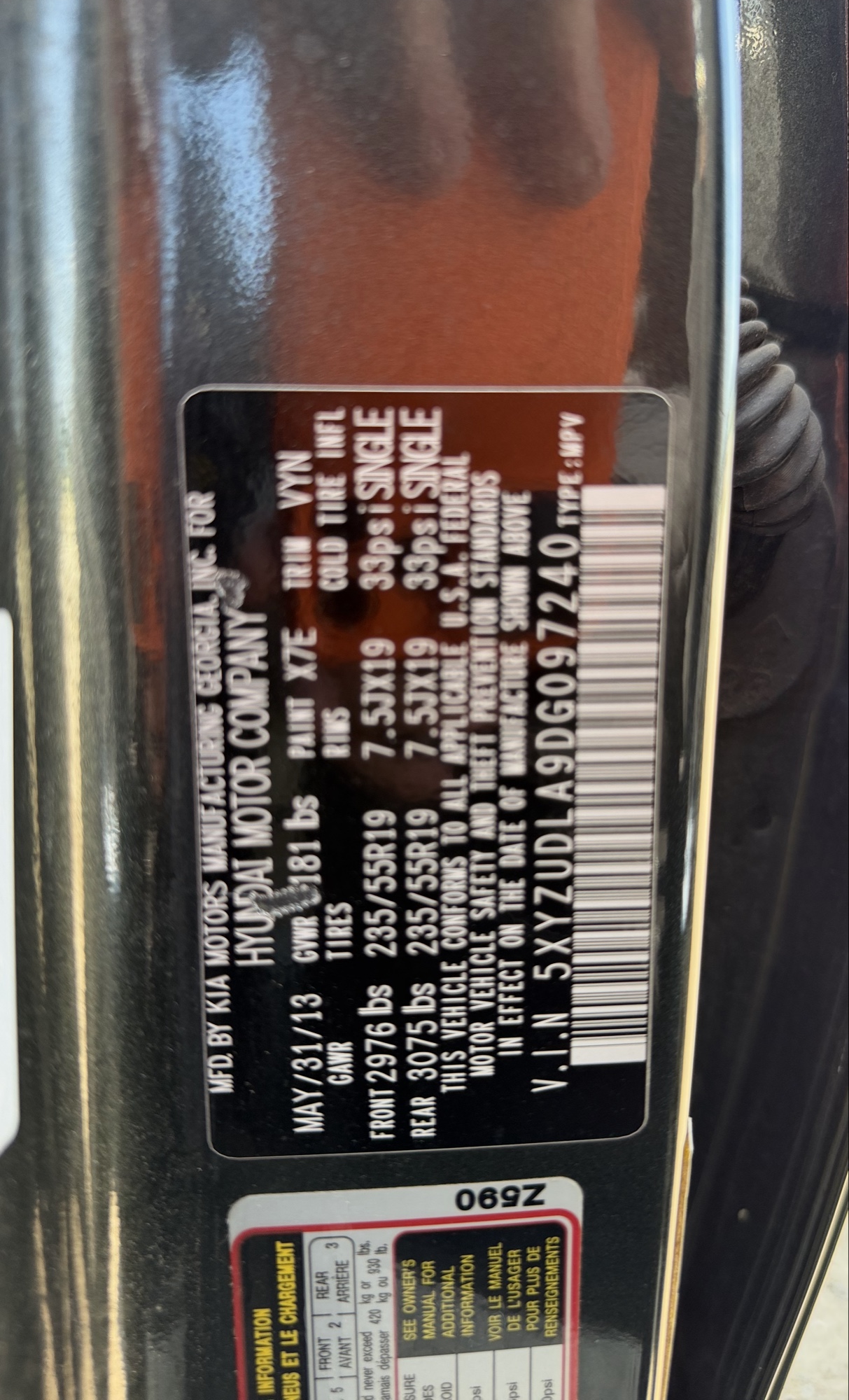 2013 hyundai santa-fe sport-2.0-awd with 164239 miles for sale near elk-river, minnesota 106336_47_door_vin_sticker.jpg