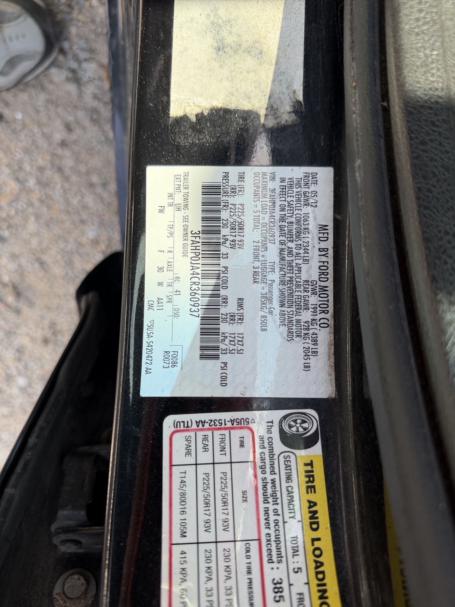 2012 ford fusion sel with 222690 miles for sale near elk-river, minnesota 106337_47_door_vin_sticker.jpg