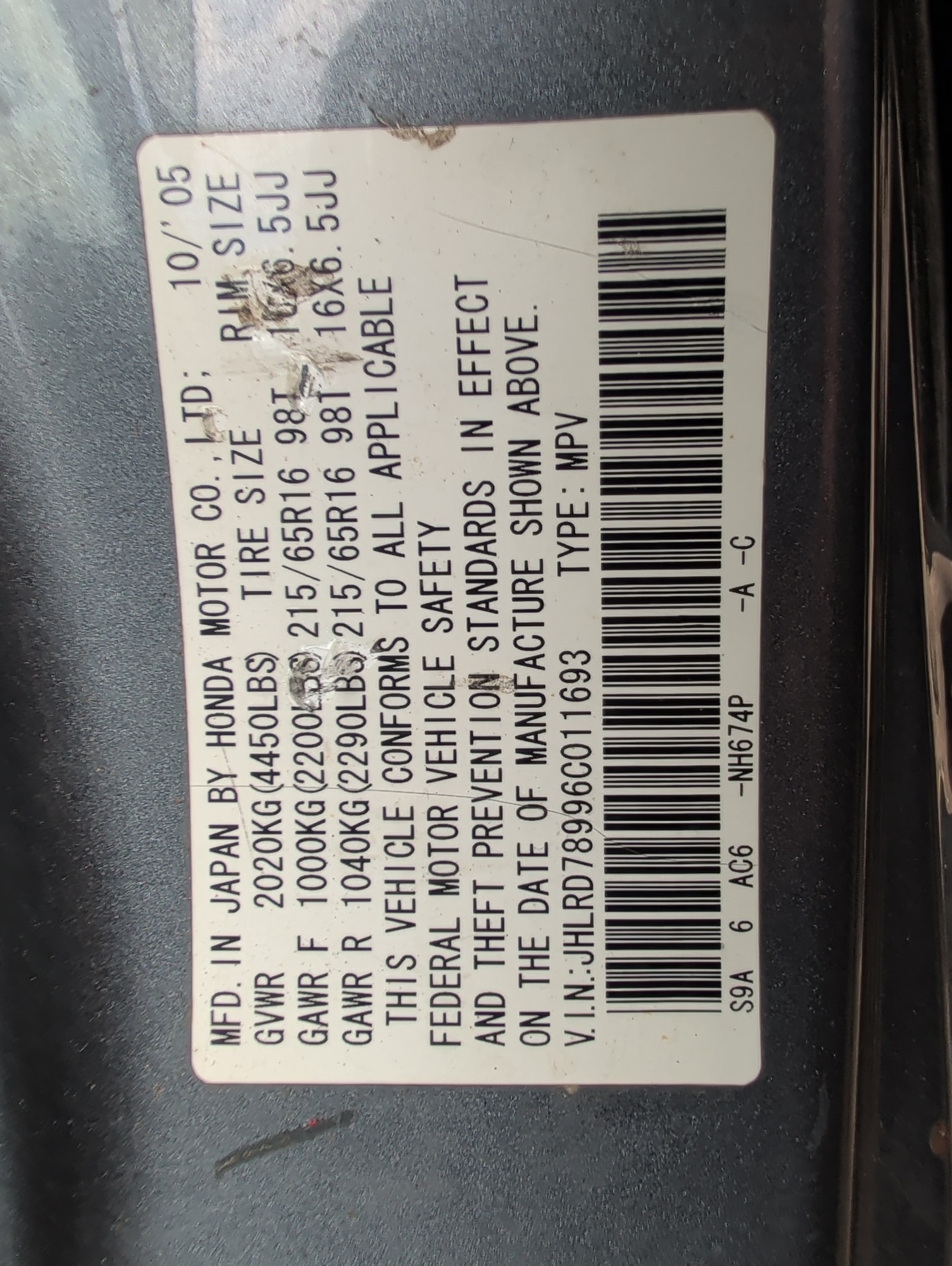 2006 honda cr-v se-4wd-at with 148394 miles for sale near elk-river, minnesota 106341_47_door_vin_sticker.jpg