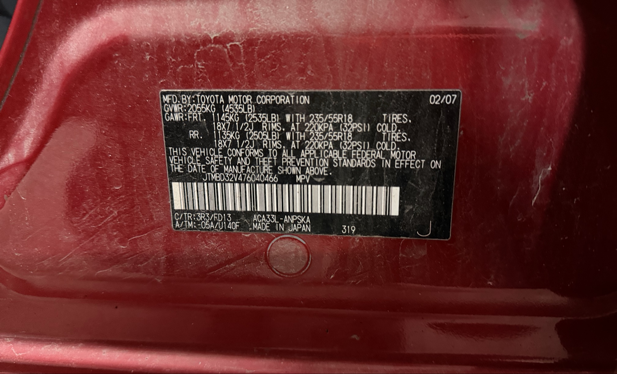 2007 toyota rav4 sport-i4-4wd with 155480 miles for sale near elk-river, minnesota 106343_47_door_vin_sticker.jpg