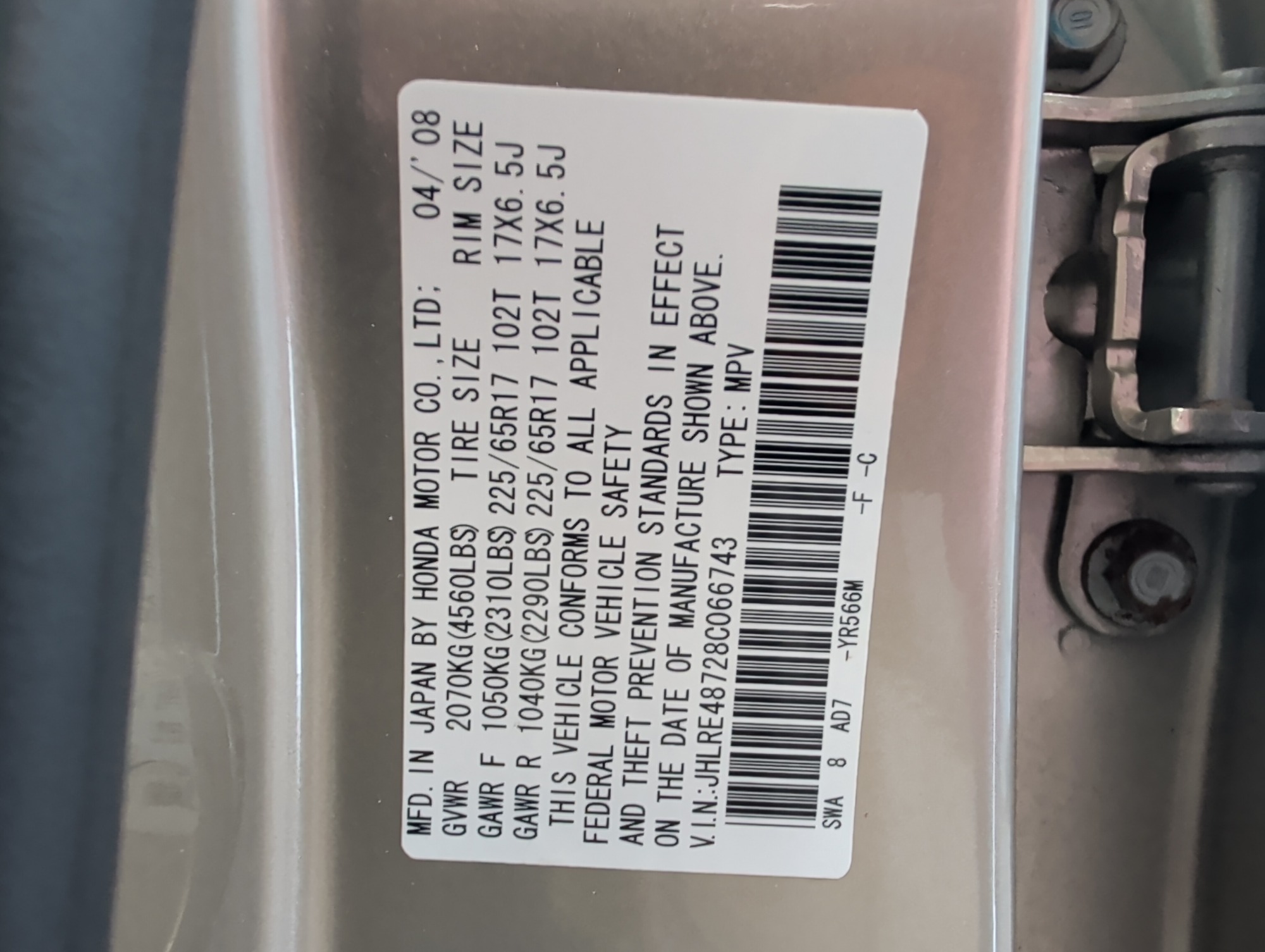 2008 honda cr-v ex-l-4wd-at with 186691 miles for sale near elk-river, minnesota 106348_47_door_vin_sticker.jpg