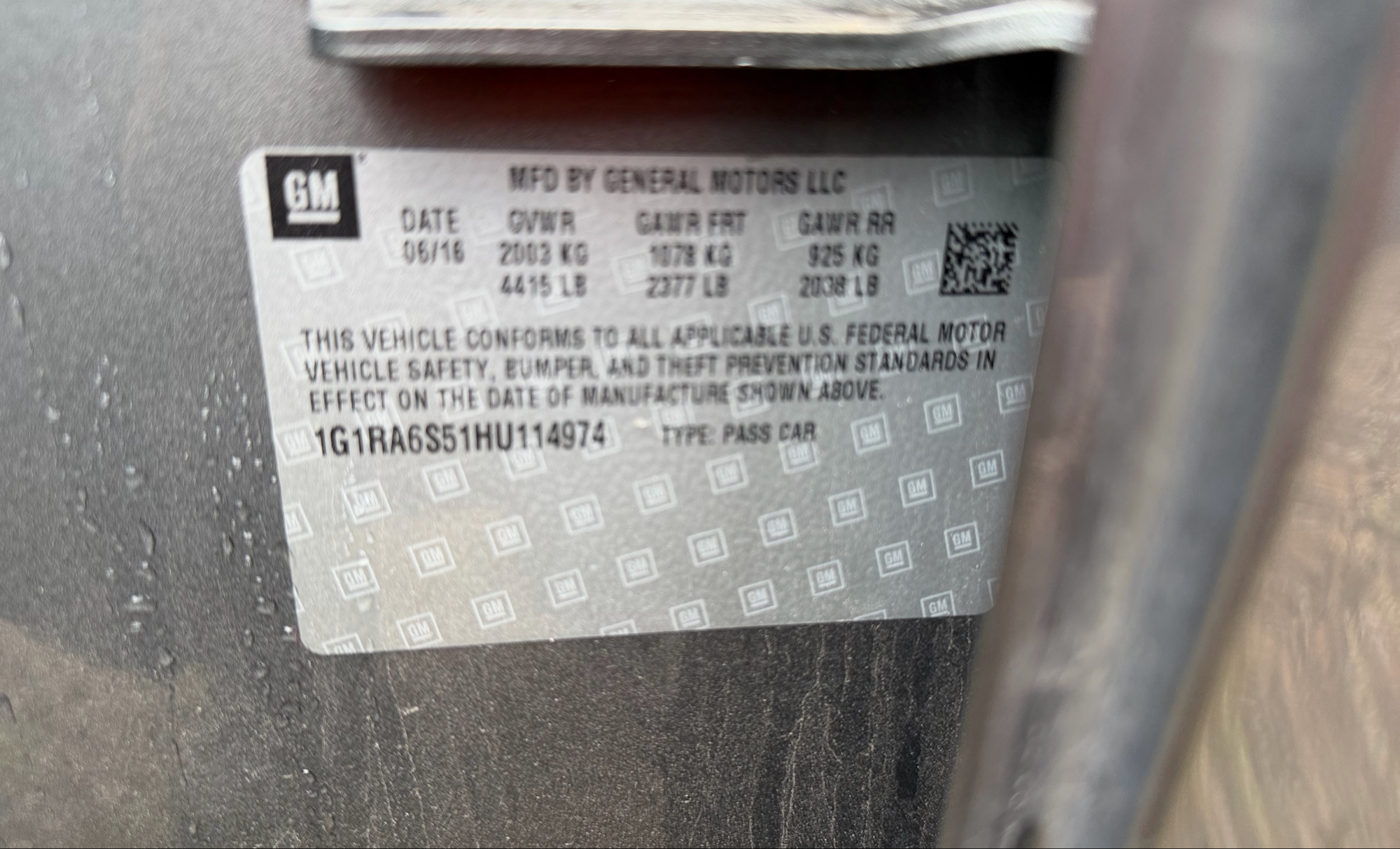 2017 chevrolet volt hybrid with 144228 miles for sale near elk-river, minnesota 106355_47_door_vin_sticker.jpg