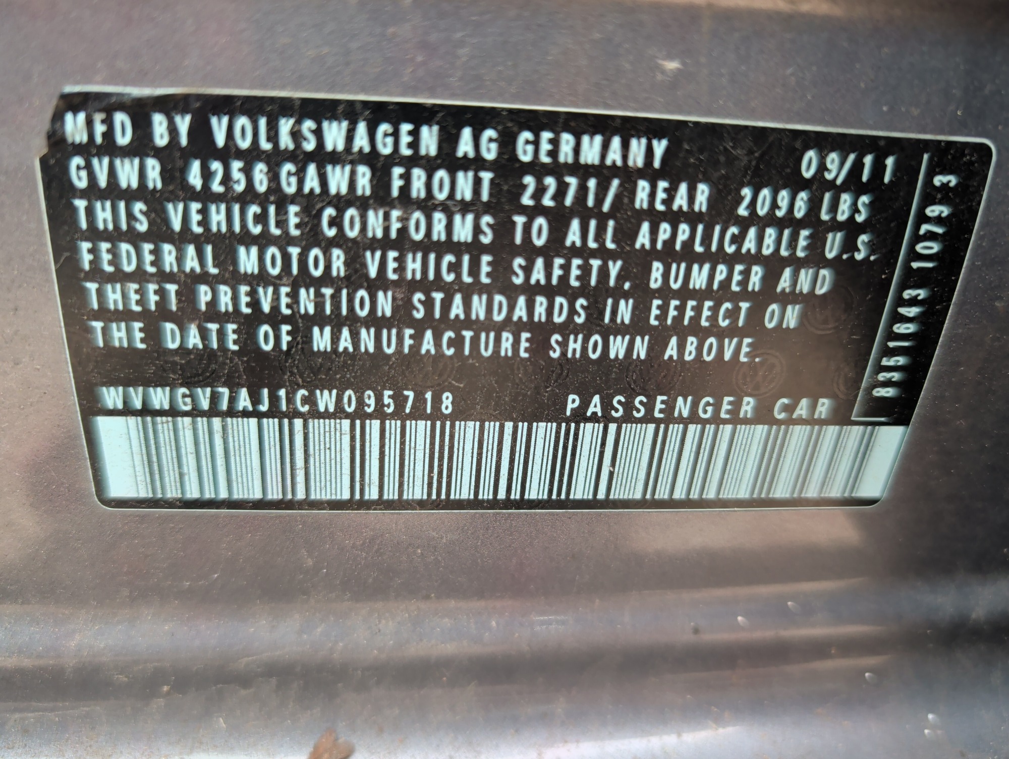 2012 volkswagen gti 4-door with 178454 miles for sale near elk-river, minnesota 106370_47_door_vin_sticker.jpg