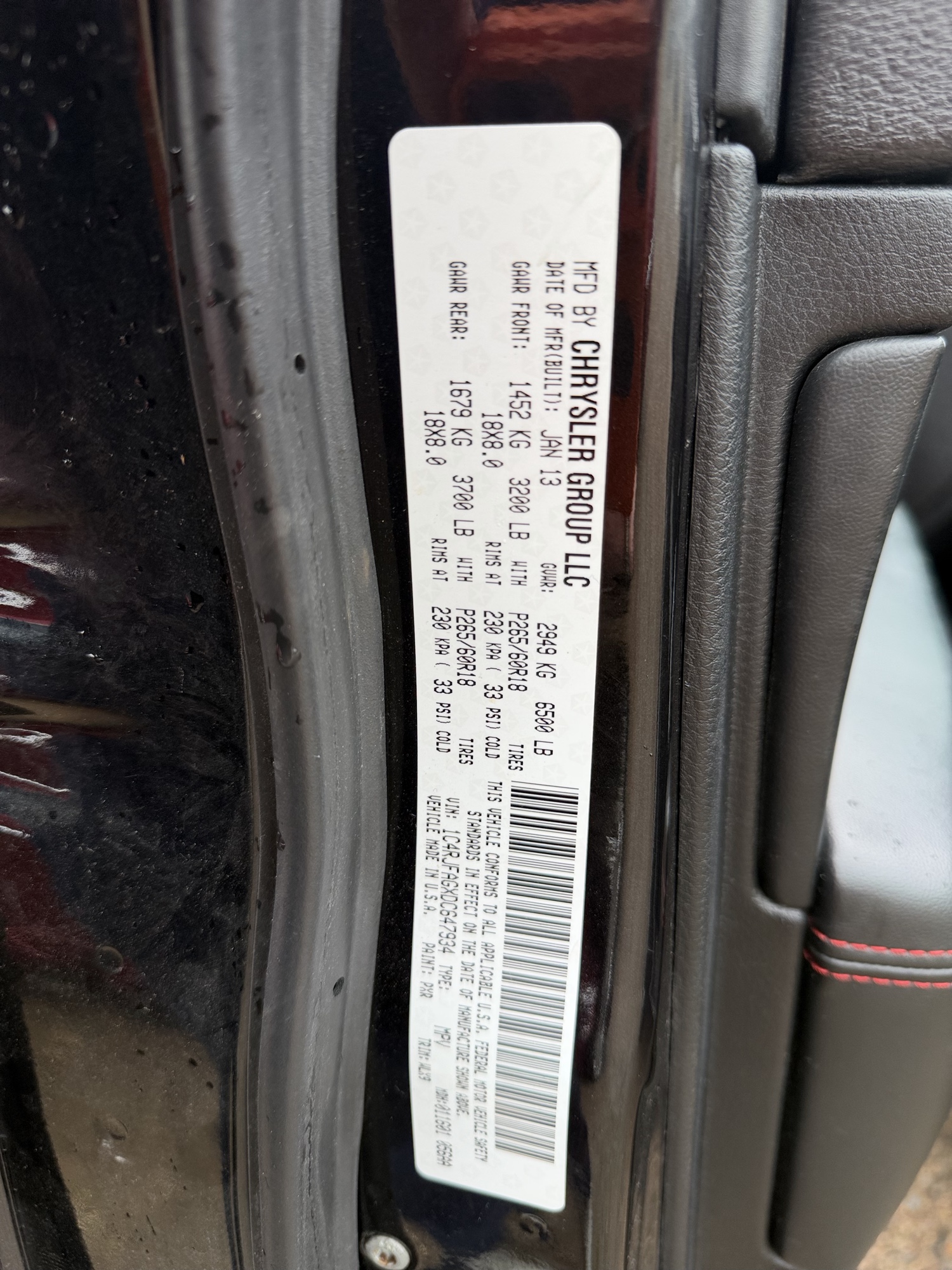 2013 jeep grand-cherokee laredo-4wd with 134157 miles for sale near elk-river, minnesota 106371_47_door_vin_sticker.jpg
