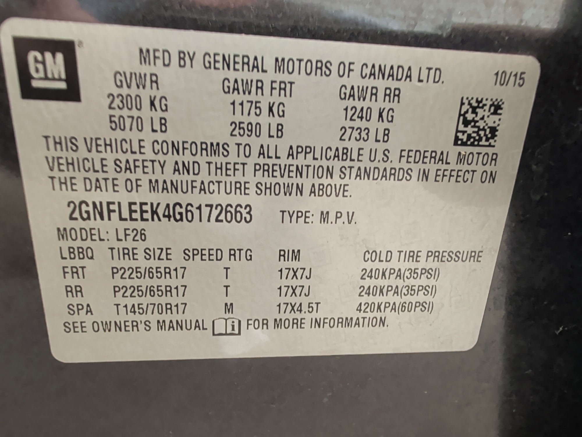 2016 chevrolet equinox ls-awd with 71230 miles for sale near elk-river, minnesota 106382_47_door_vin_sticker.jpg