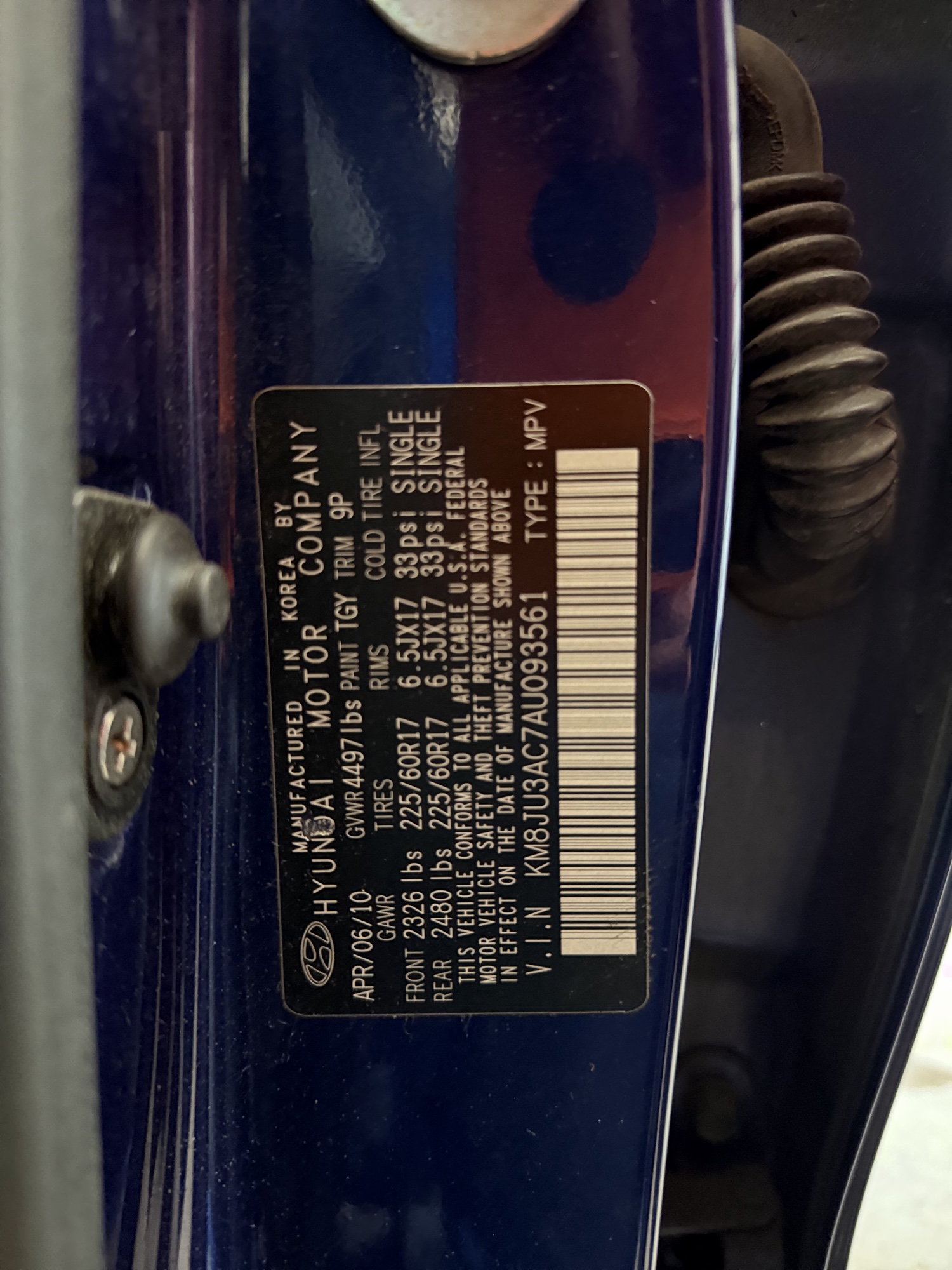 2010 hyundai tucson limited-2wd with 229317 miles for sale near elk-river, minnesota 106392_47_door_vin_sticker.jpg