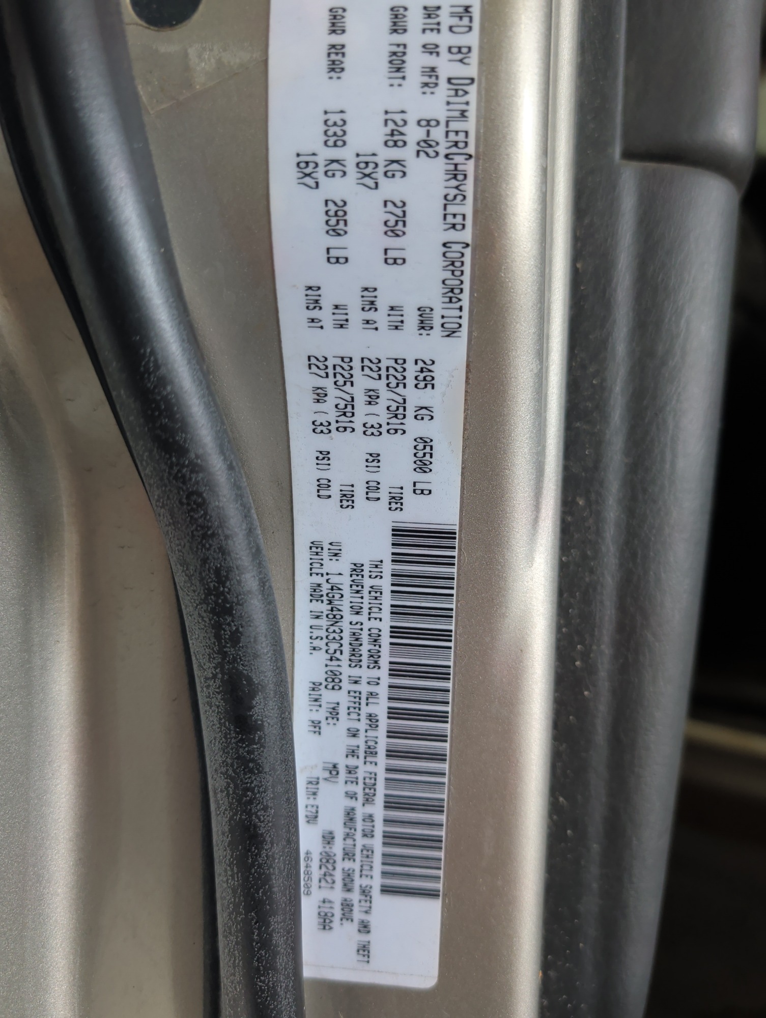 2003 jeep grand-cherokee laredo-4wd with 126243 miles for sale near elk-river, minnesota 106393_47_door_vin_sticker.jpg