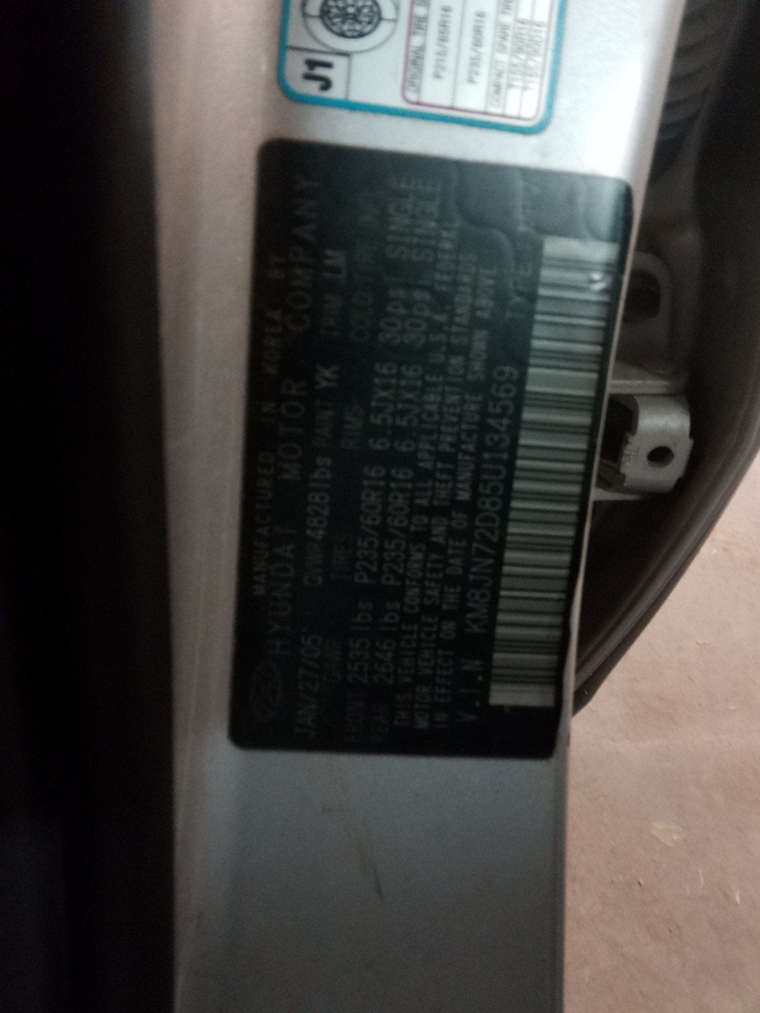 2005 hyundai tucson gls-2.7-4wd with 199158 miles for sale near elk-river, minnesota 106395_47_door_vin_sticker.jpg
