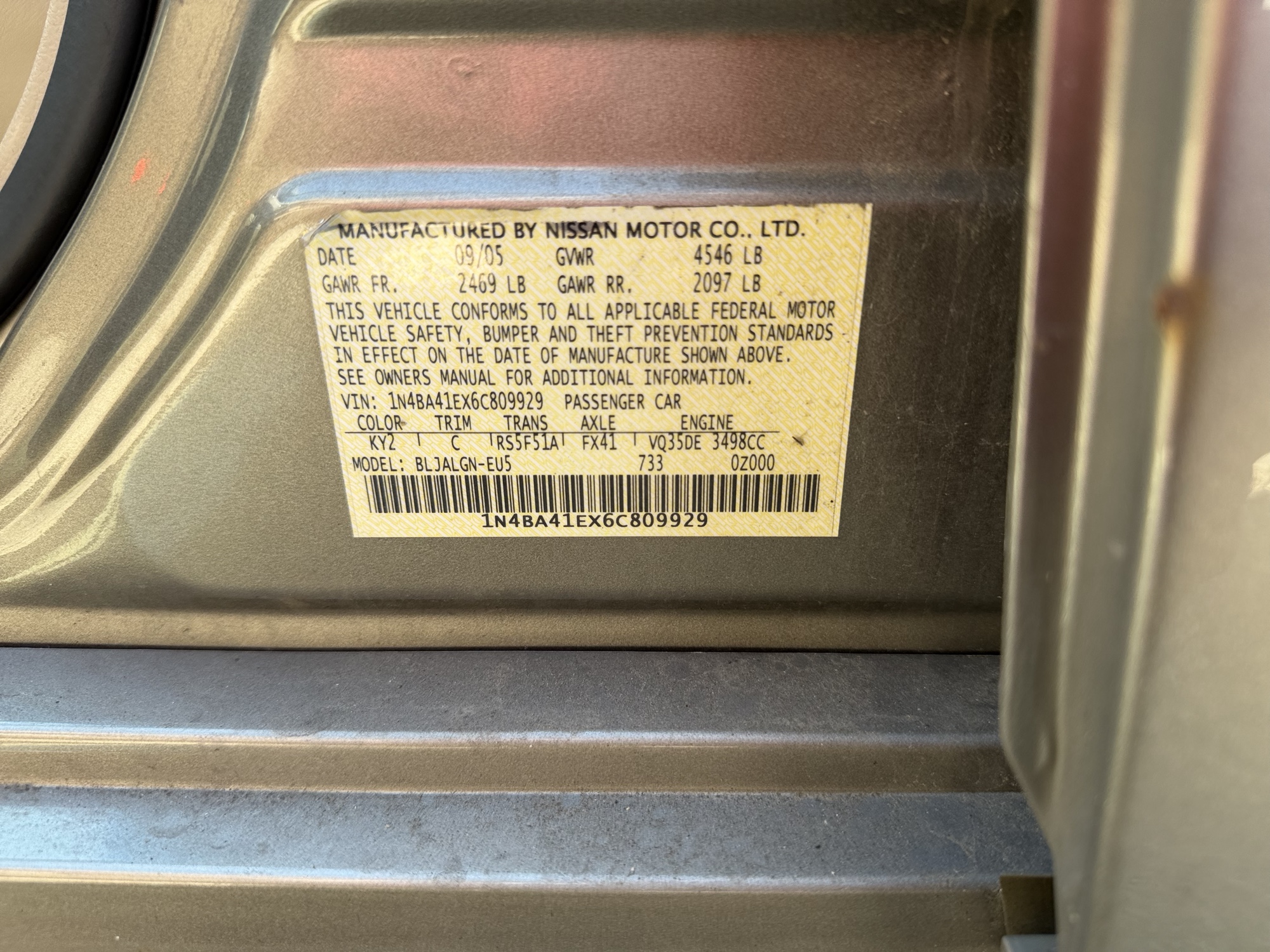 2006 nissan maxima se with 134407 miles for sale near elk-river, minnesota 106396_47_door_vin_sticker.jpg