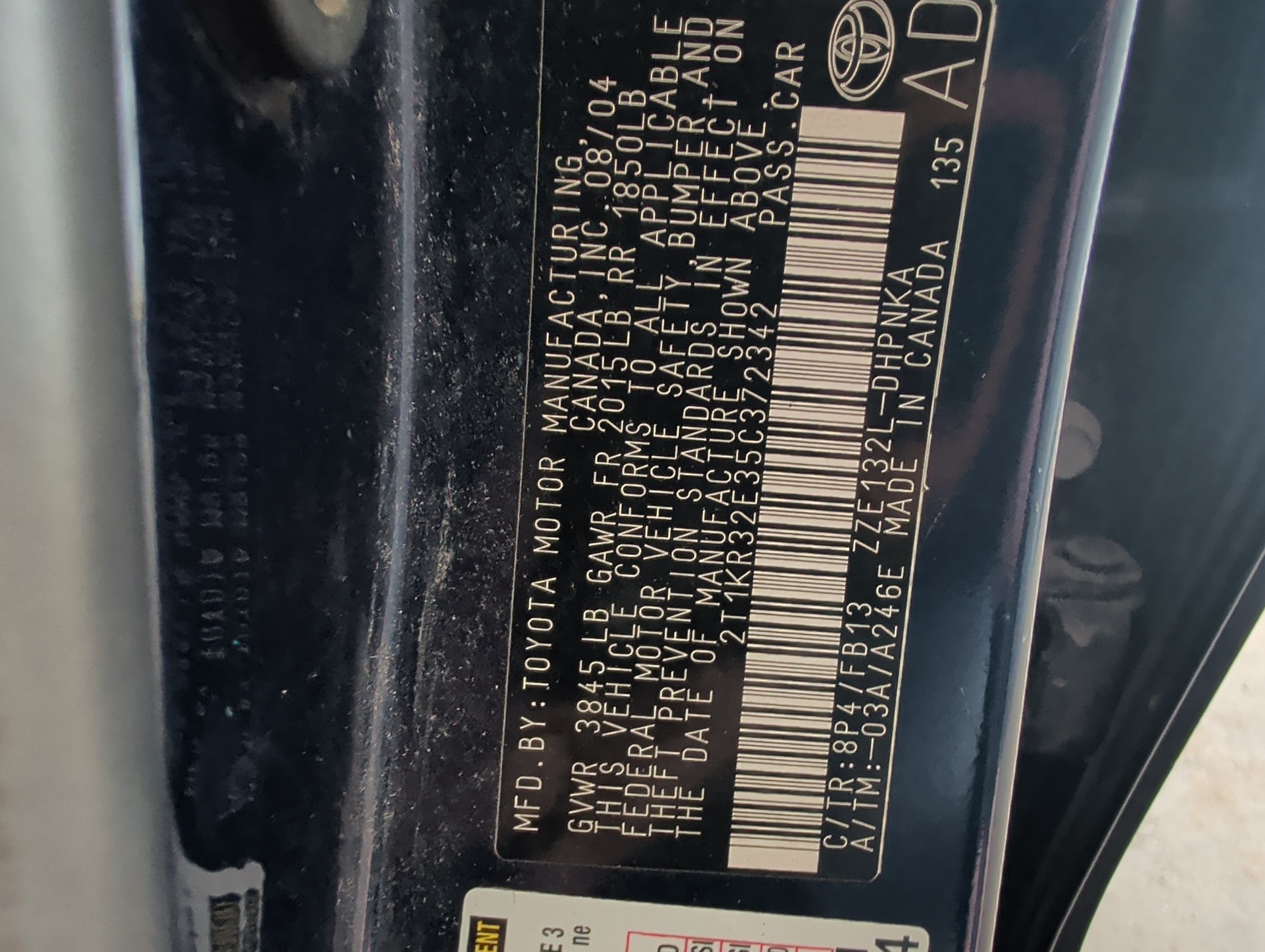 2005 toyota matrix xr-2wd with 144833 miles for sale near elk-river, minnesota 106398_47_door_vin_sticker.jpg
