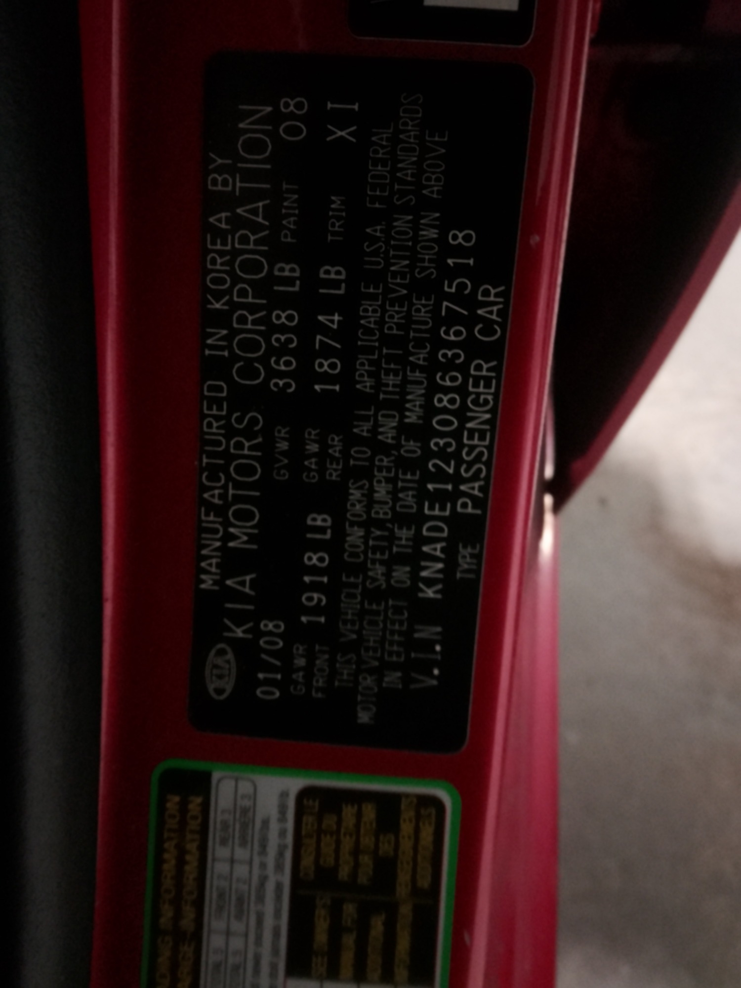 2008 kia rio base with 152254 miles for sale near elk-river, minnesota 106400_47_door_vin_sticker.jpg