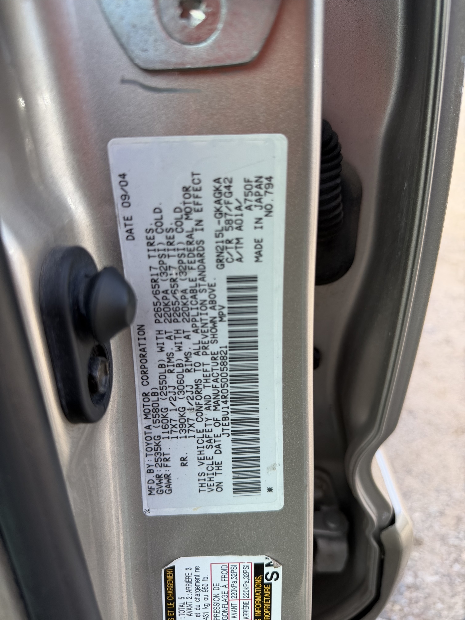 2005 toyota 4runner sport-edition-v6-4wd with 115448 miles for sale near elk-river, minnesota 106402_47_door_vin_sticker.jpg