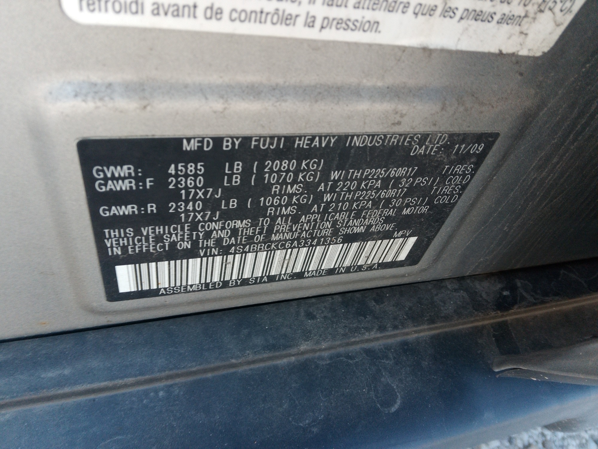 2010 subaru outback with 187512 miles for sale near elk-river, minnesota 106407_47_door_vin_sticker.jpg