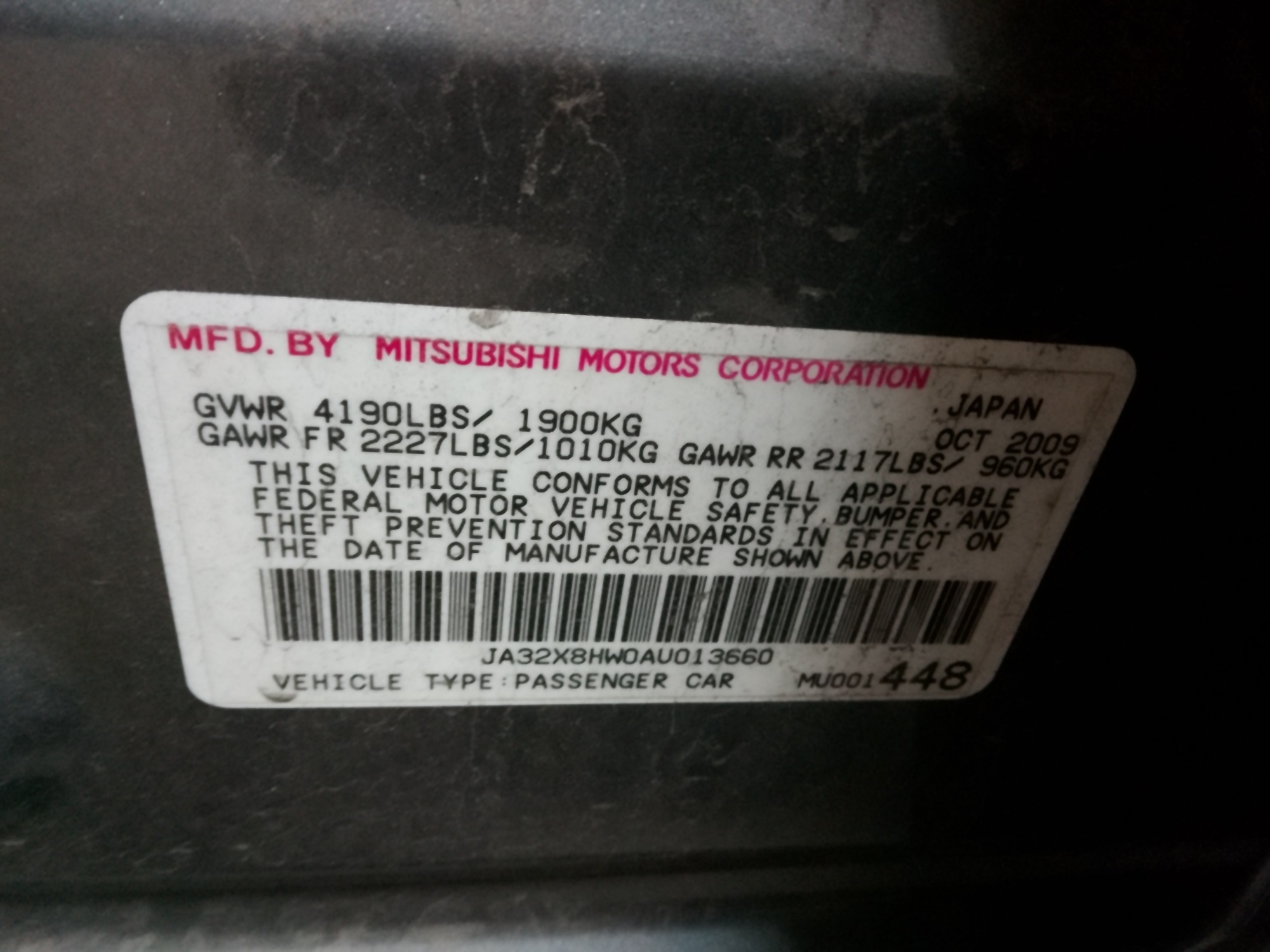 2010 mitsubishi lancer-sportback gts with 120997 miles for sale near elk-river, minnesota 106411_47_door_vin_sticker.jpg