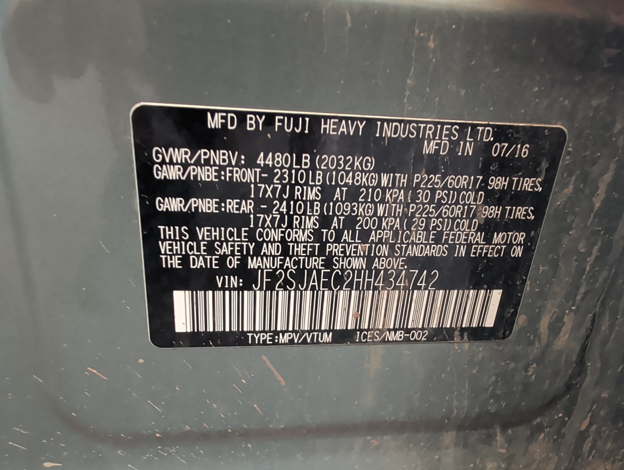 2017 subaru forester 2.5i-premium-pzev-cvt with 119029 miles for sale near elk-river, minnesota 106413_47_door_vin_sticker.jpg