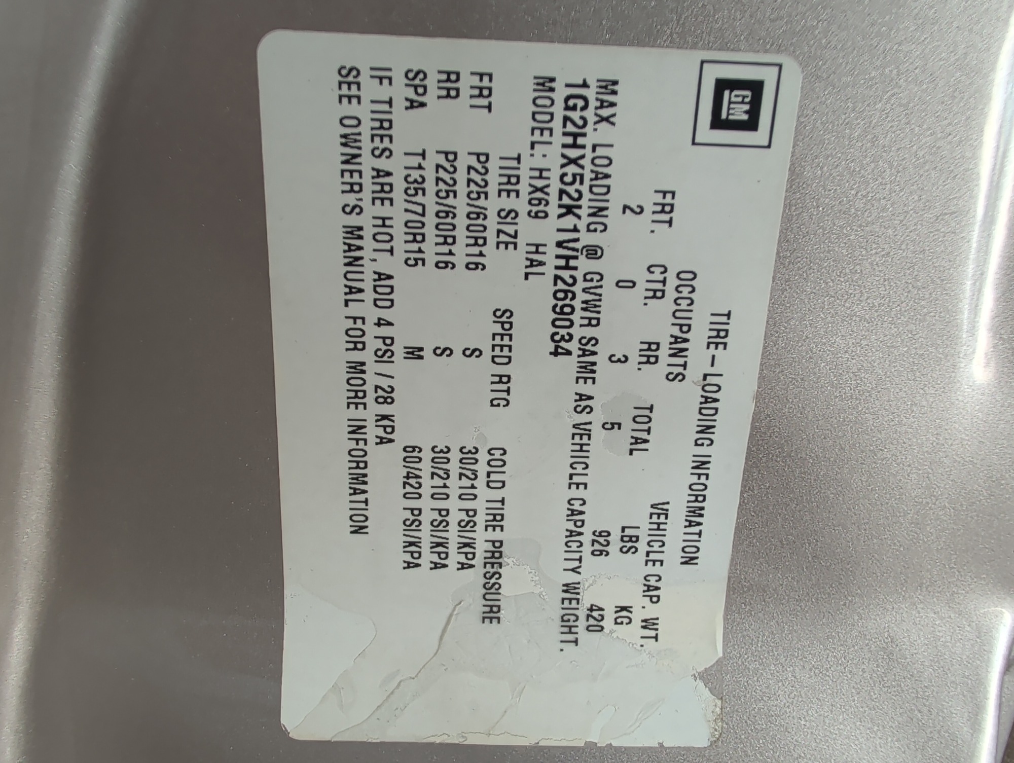 1997 pontiac bonneville se with 97947 miles for sale near elk-river, minnesota 106415_47_door_vin_sticker.jpg
