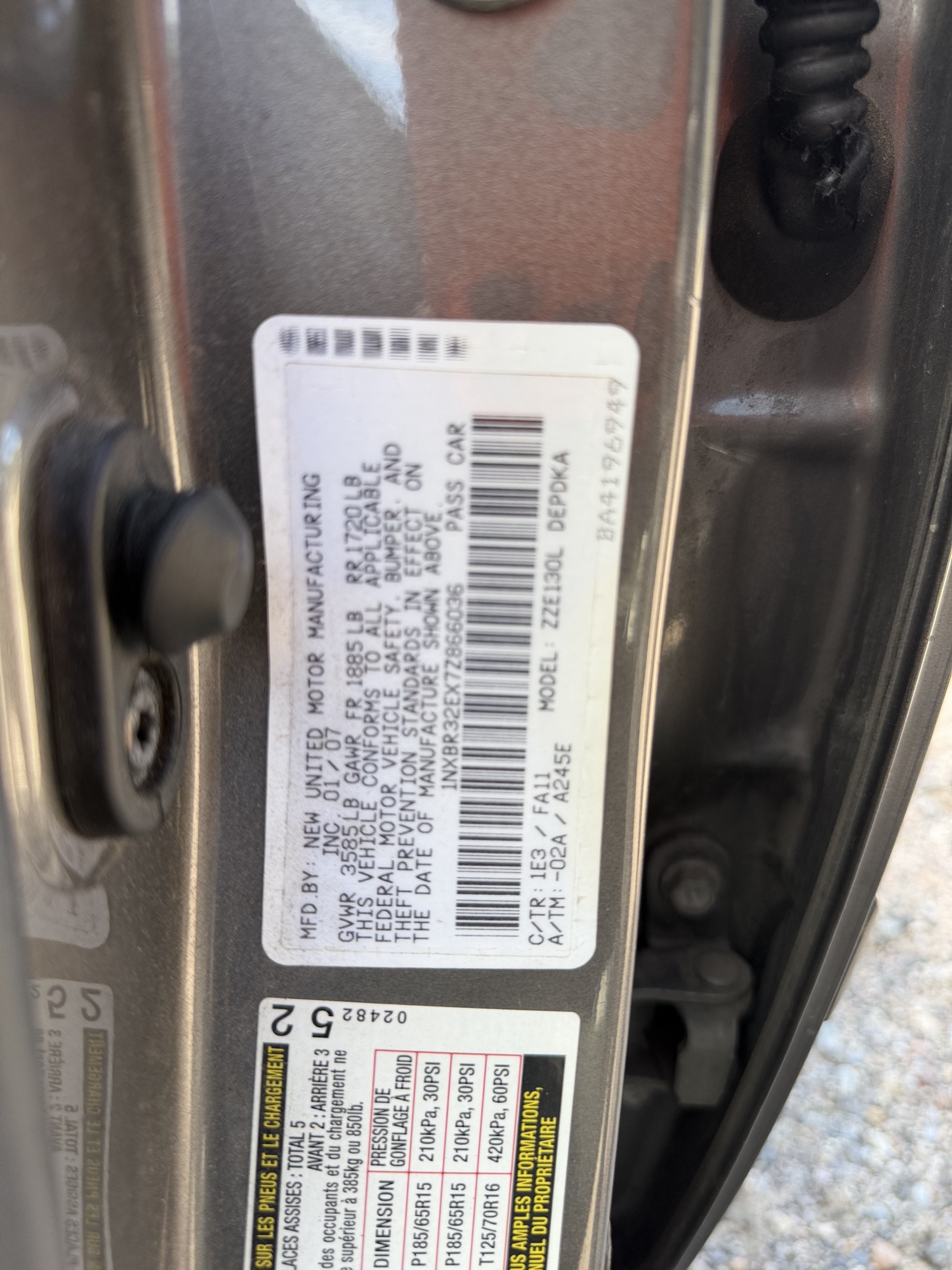 2007 toyota corolla ce with 165644 miles for sale near elk-river, minnesota 106417_47_door_vin_sticker.jpg