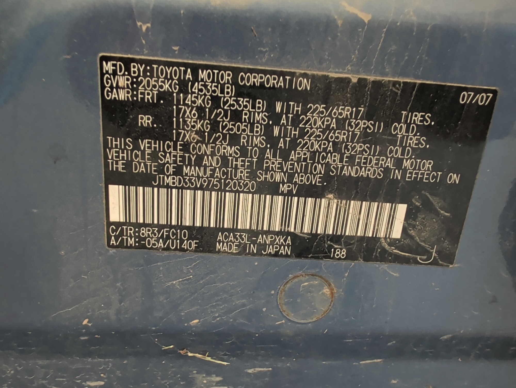 2007 toyota rav4 base-i4-4wd with 228184 miles for sale near elk-river, minnesota 106419_47_door_vin_sticker.jpg