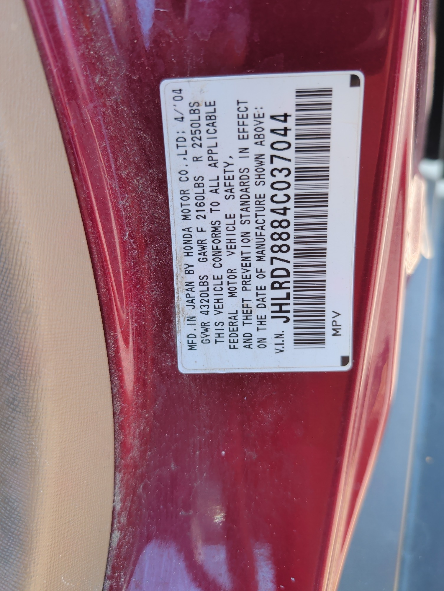 2004 honda cr-v ex-4wd-at with 137005 miles for sale near elk-river, minnesota 106428_47_door_vin_sticker.jpg