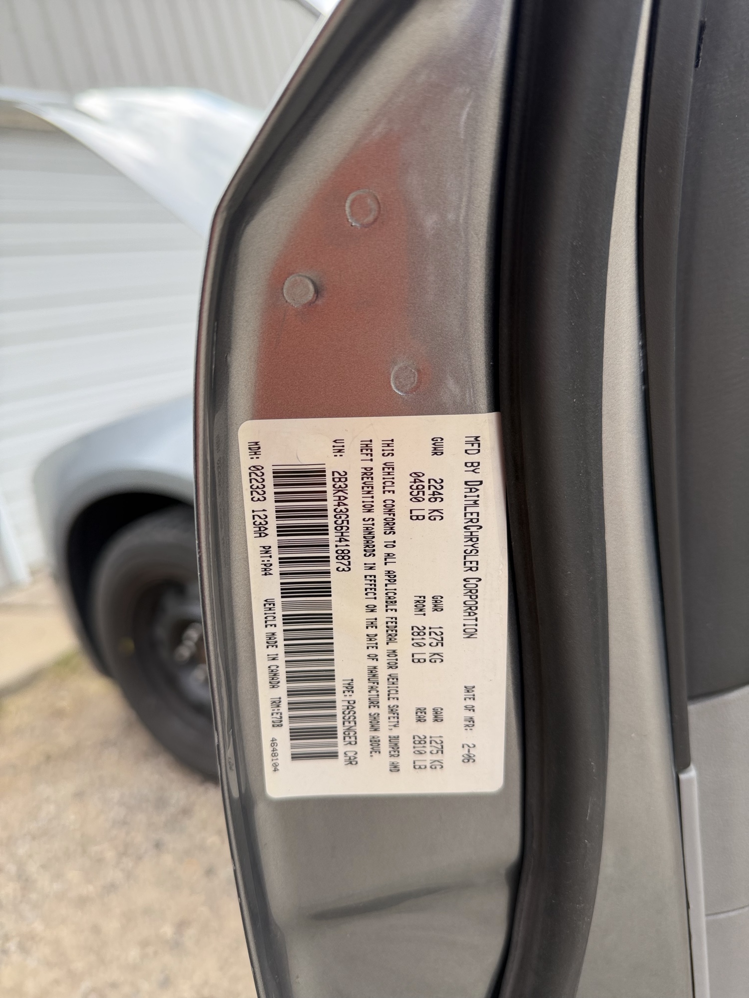 2006 dodge charger base with 164904 miles for sale near elk-river, minnesota 106434_47_door_vin_sticker.jpg