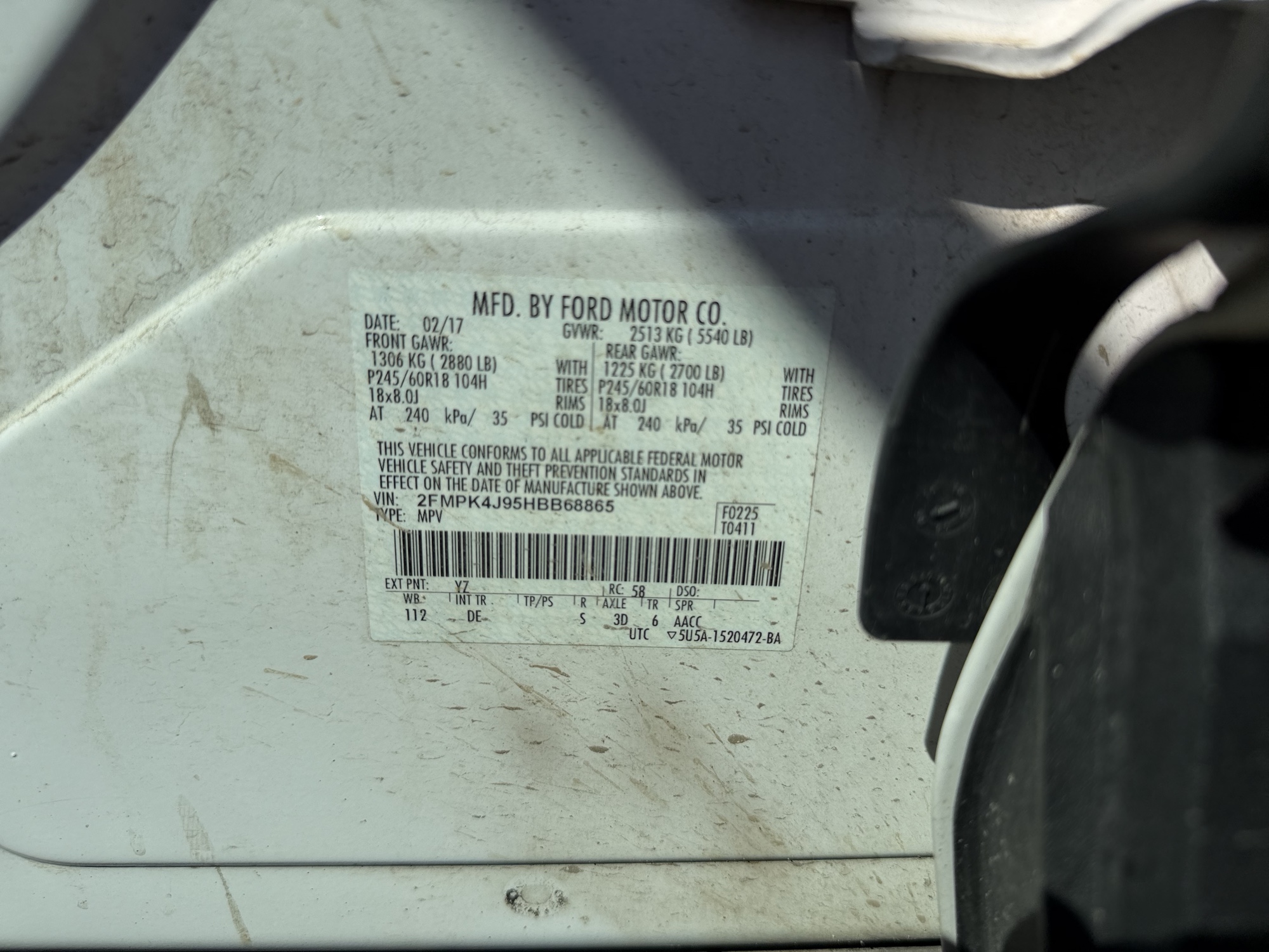 2017 ford edge sel-awd with 139656 miles for sale near elk-river, minnesota 106436_47_door_vin_sticker.jpg