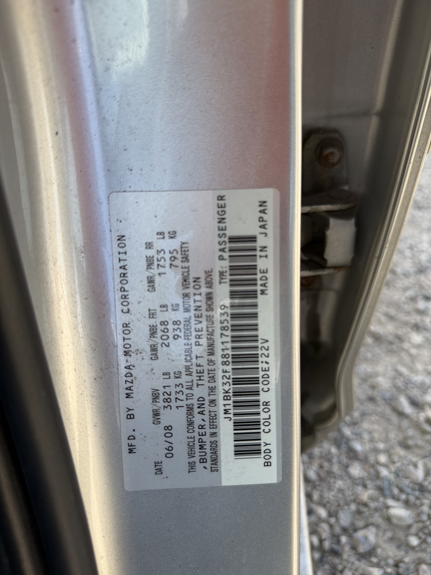 2008 mazda mazda3 i-sport-4-door with 106057 miles for sale near elk-river, minnesota 106437_47_door_vin_sticker.jpg