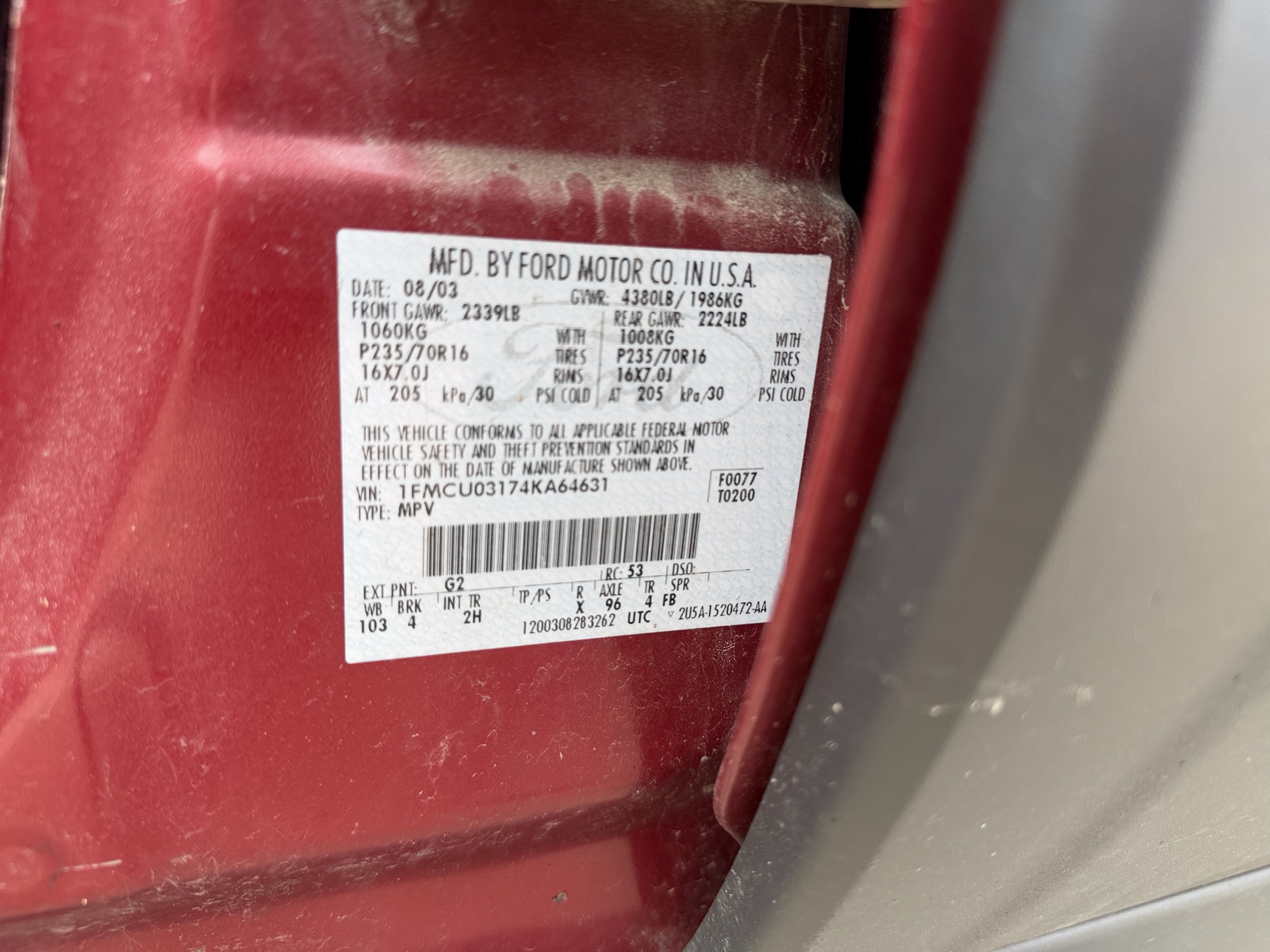 2004 ford escape xlt-2wd with 178342 miles for sale near elk-river, minnesota 106441_47_door_vin_sticker.jpg