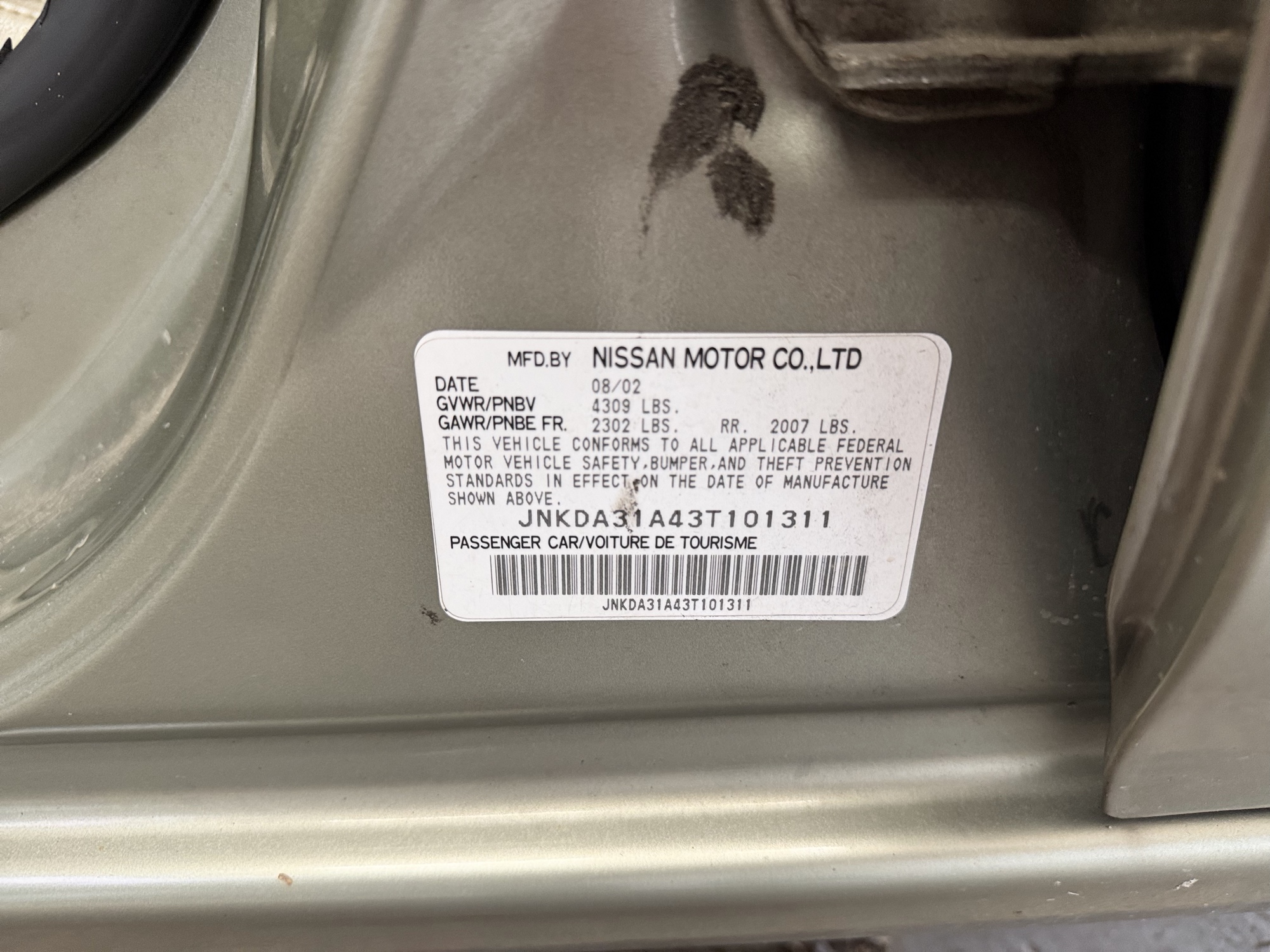 2003 infiniti i35 luxury with 176048 miles for sale near elk-river, minnesota 106442_47_door_vin_sticker.jpg