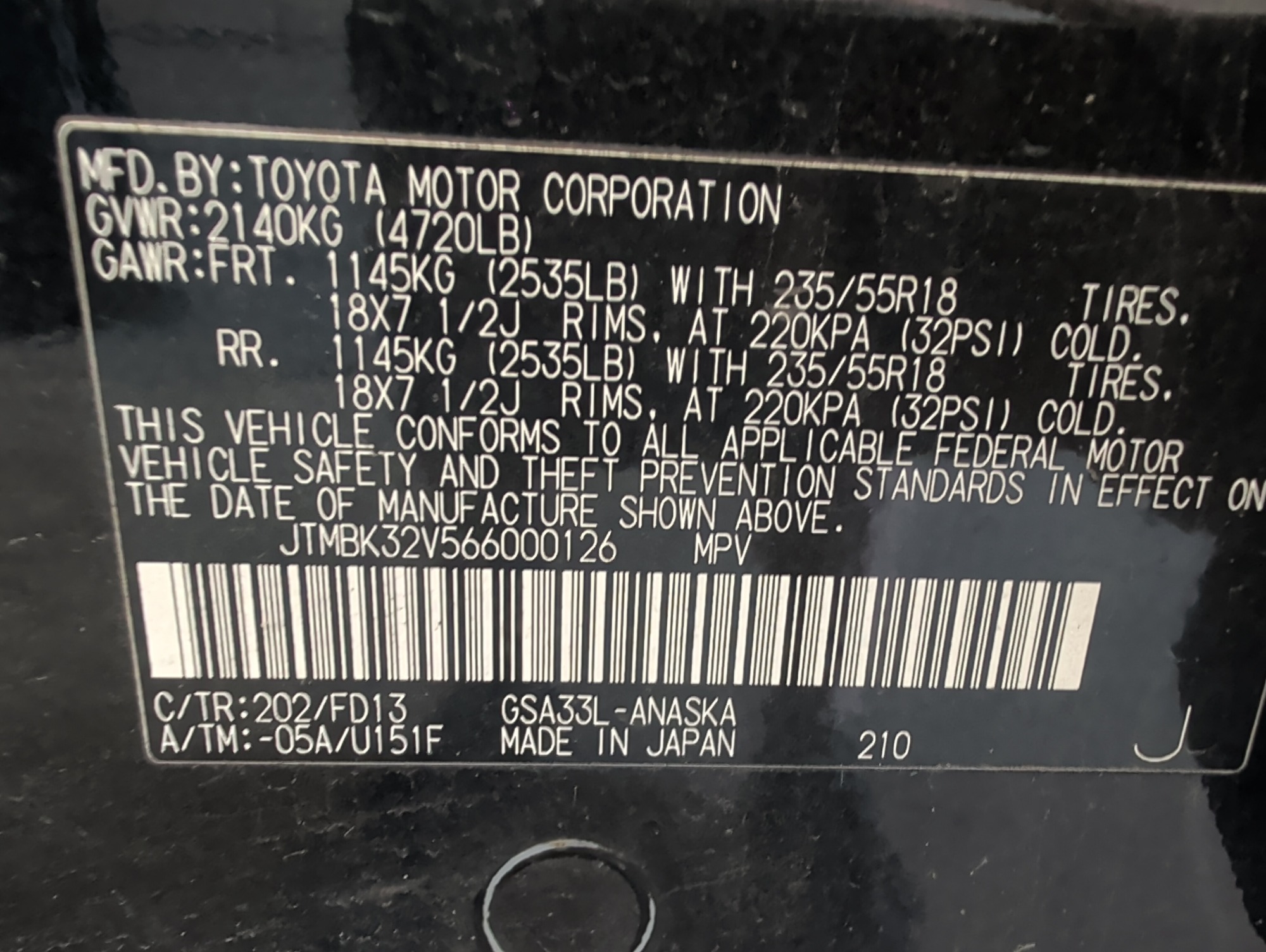 2006 toyota rav4 sport-v6-4wd with 294419 miles for sale near elk-river, minnesota 106443_47_door_vin_sticker.jpg