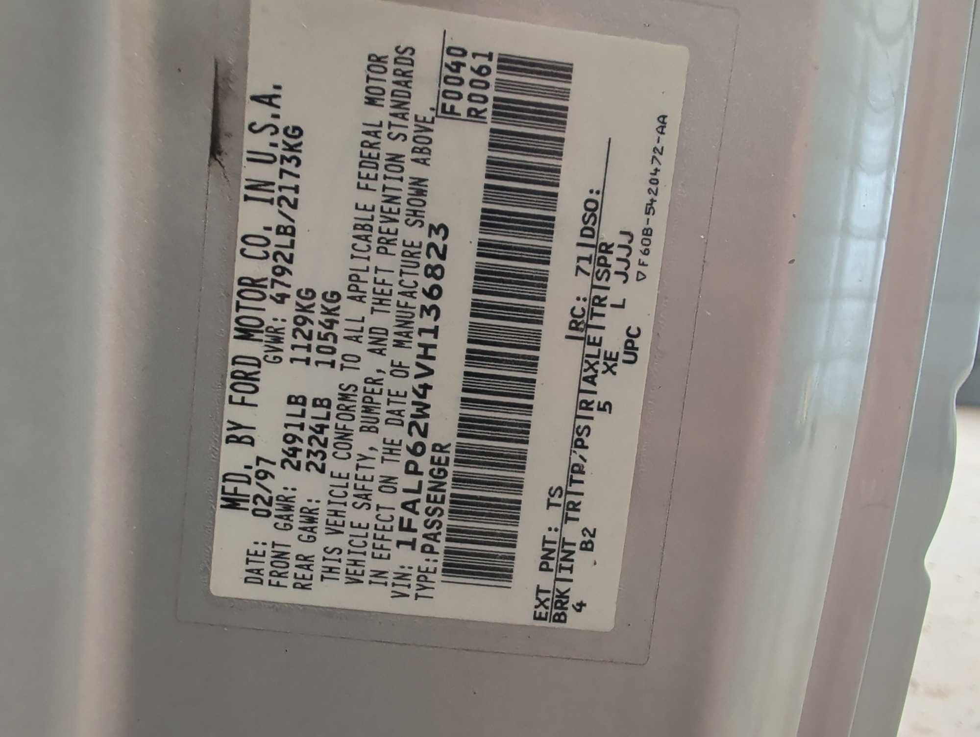 1997 ford thunderbird lx with 157882 miles for sale near elk-river, minnesota 106449_47_door_vin_sticker.jpg