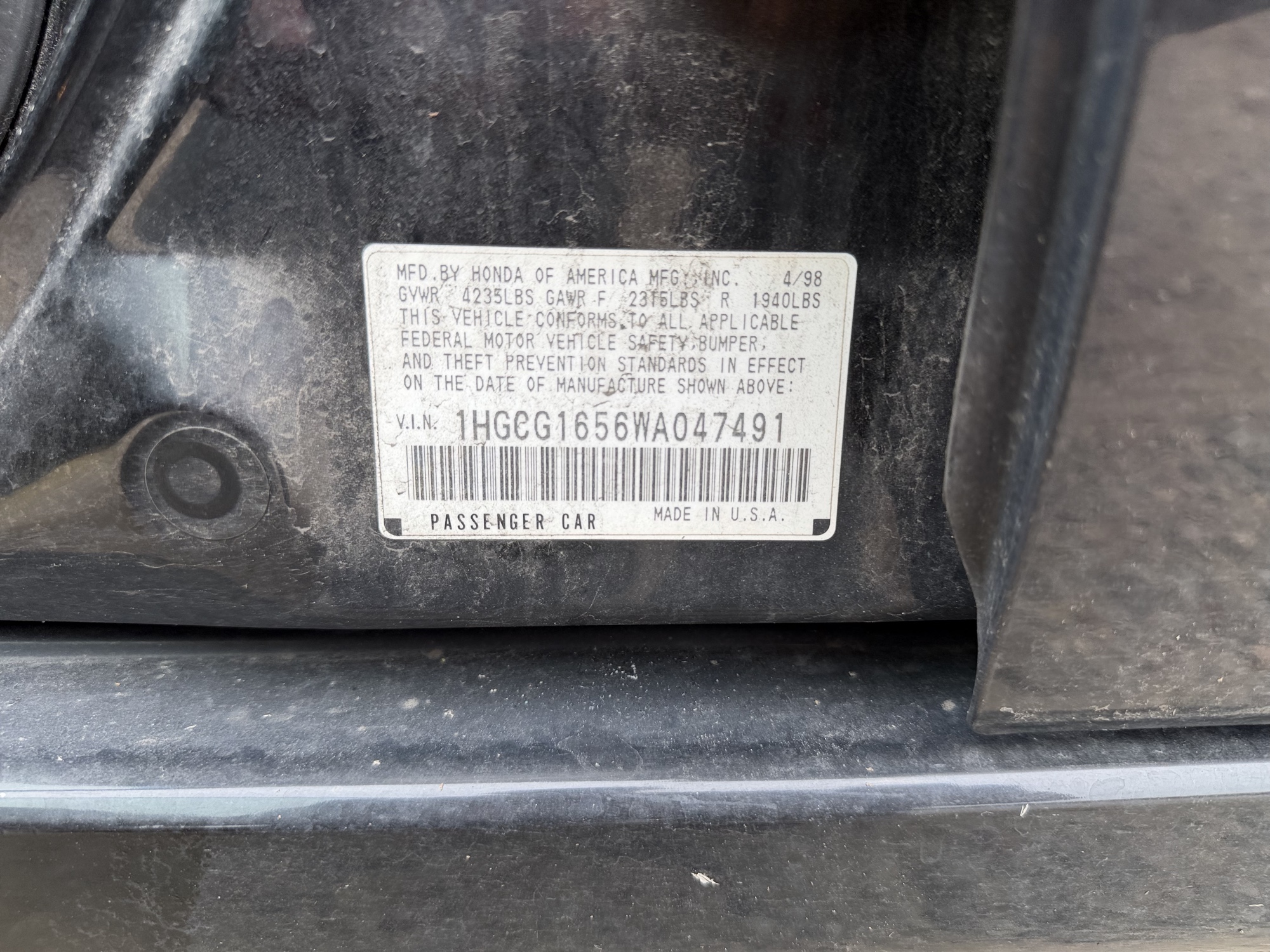 1998 honda accord ex-v6-sedan with 156885 miles for sale near elk-river, minnesota 106451_47_door_vin_sticker.jpg
