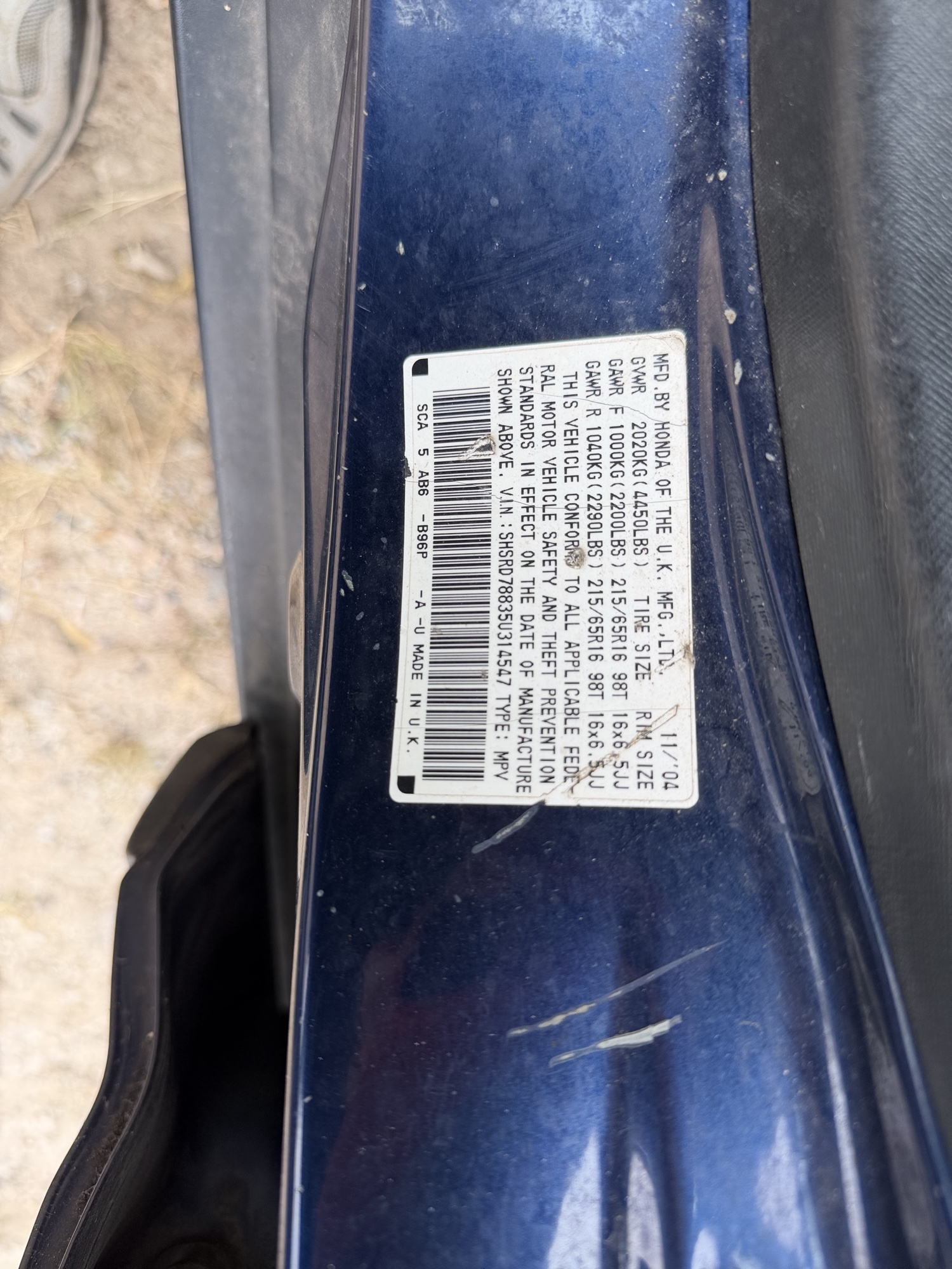 2005 honda cr-v ex-4wd-at with 222049 miles for sale near elk-river, minnesota 106453_47_door_vin_sticker.jpg