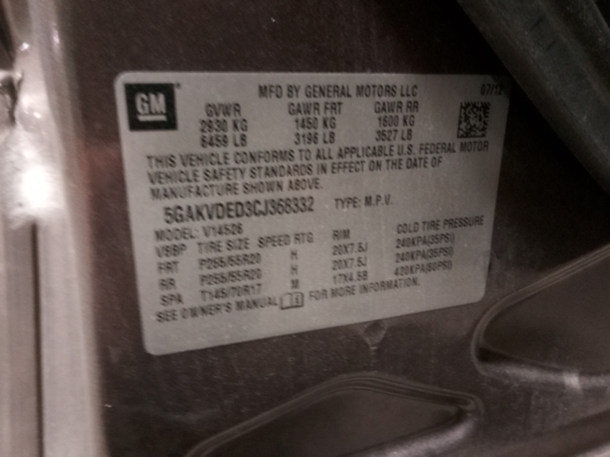 2012 buick enclave premium-awd with 167150 miles for sale near elk-river, minnesota 106455_47_door_vin_sticker.jpg